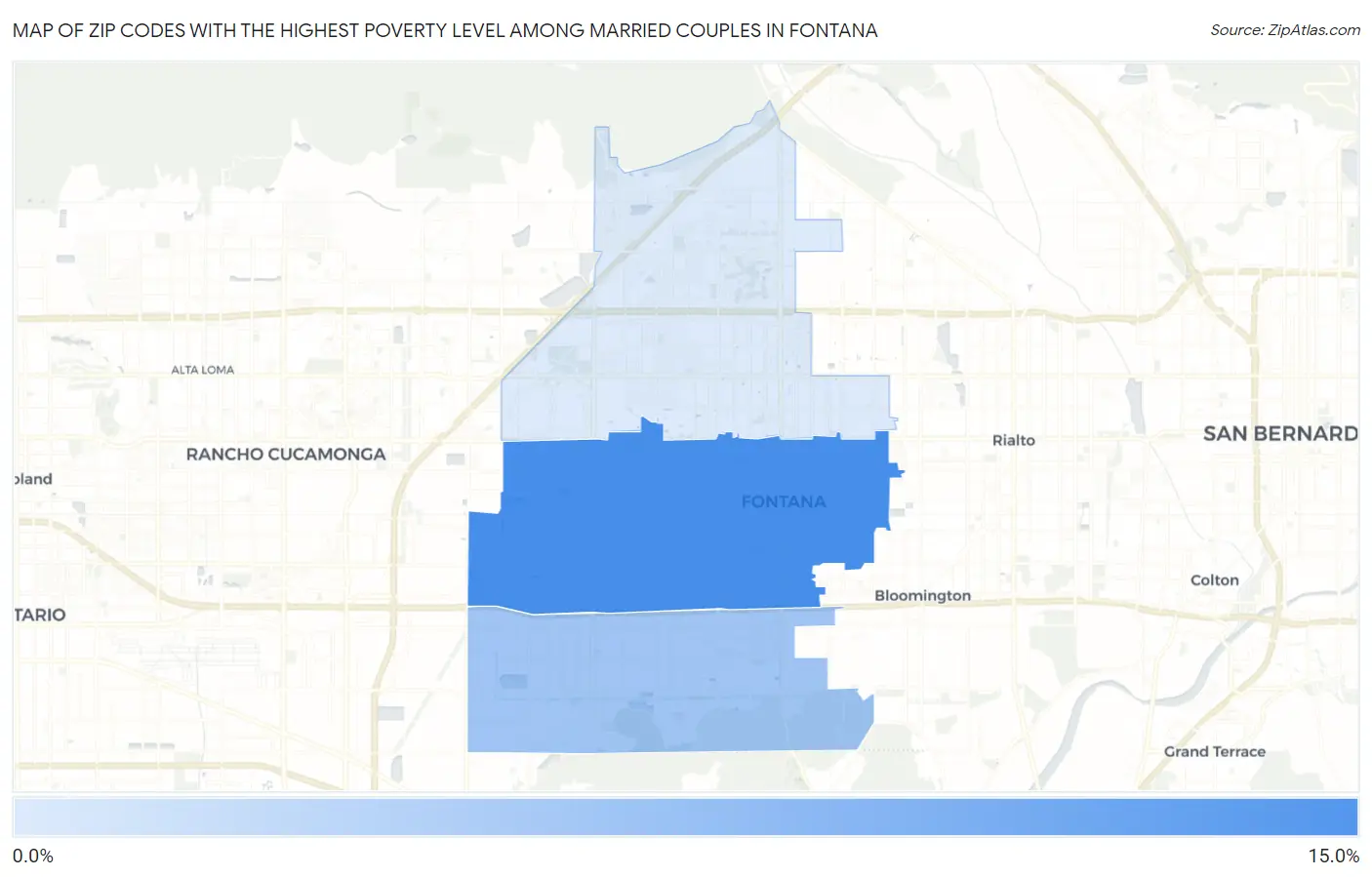 Zip Codes with the Highest Poverty Level Among Married Couples in Fontana Map