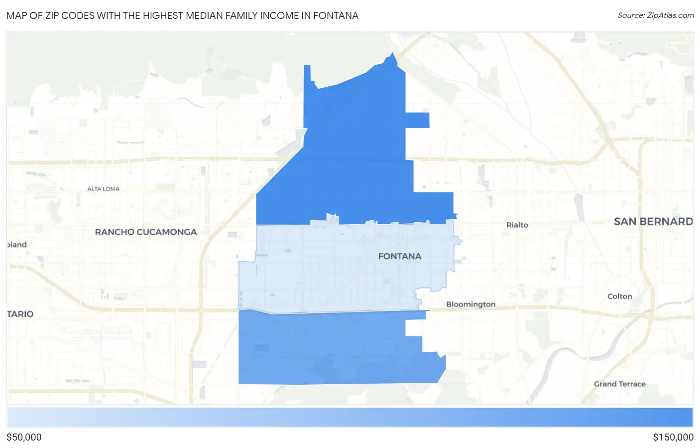 Zip Codes with the Highest Median Family Income in Fontana Map