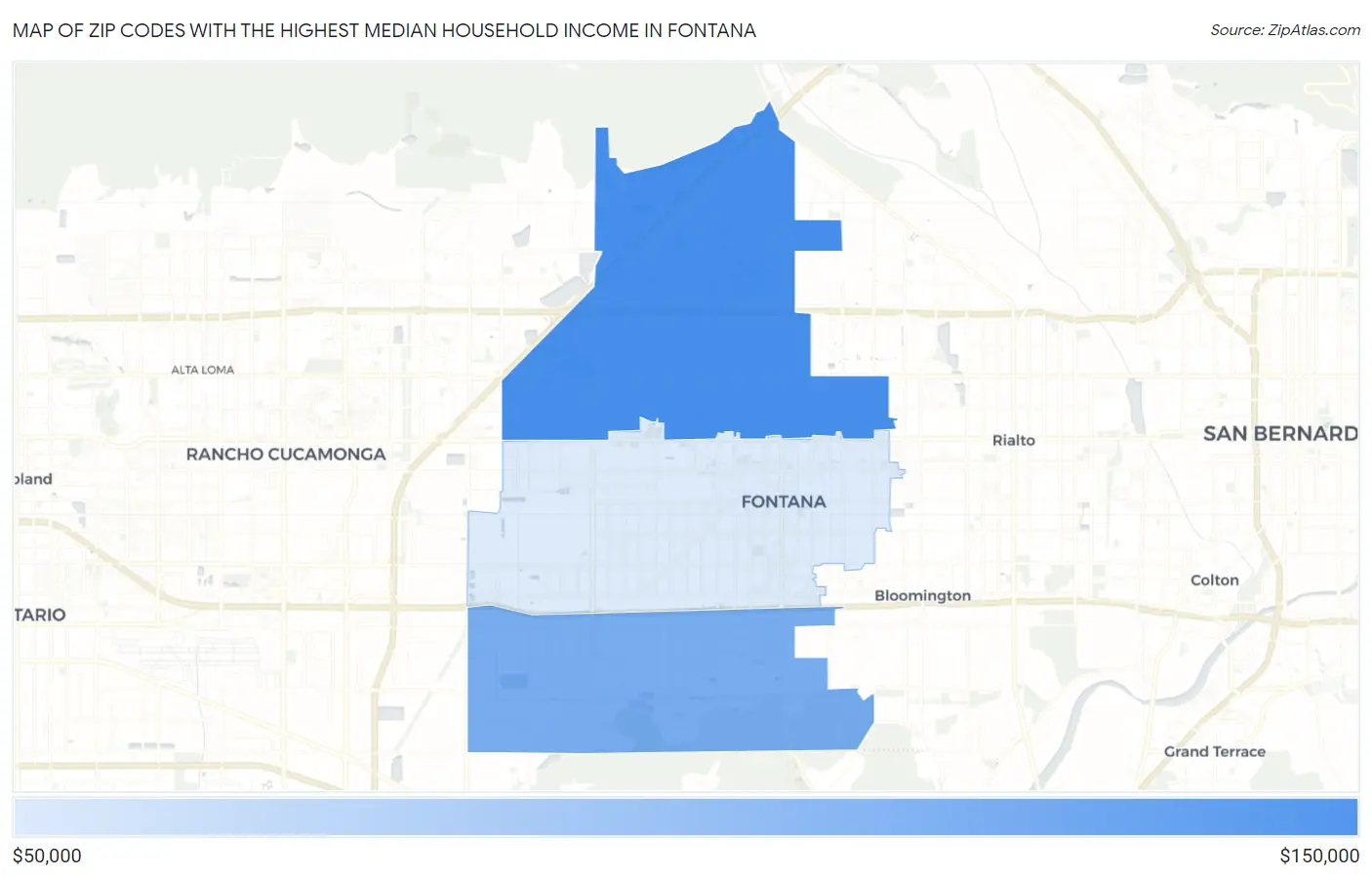 Zip Codes with the Highest Median Household Income in Fontana Map