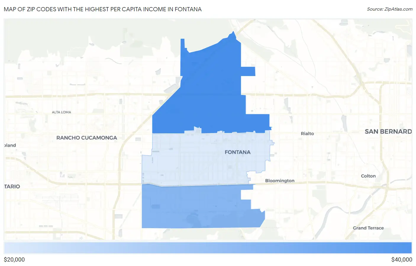 Zip Codes with the Highest Per Capita Income in Fontana Map