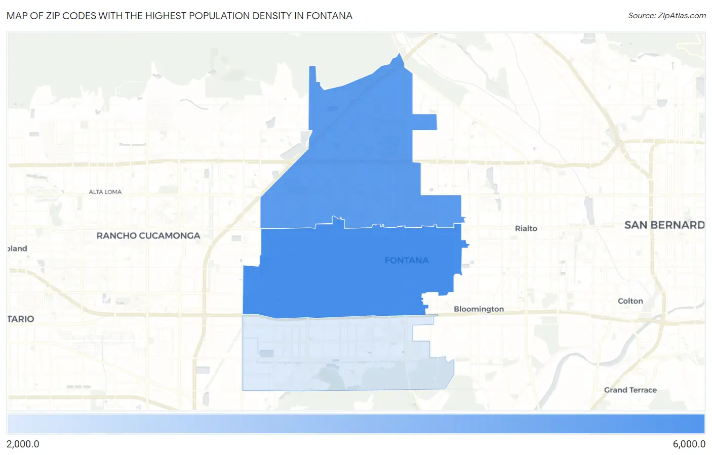 Zip Codes with the Highest Population Density in Fontana Map