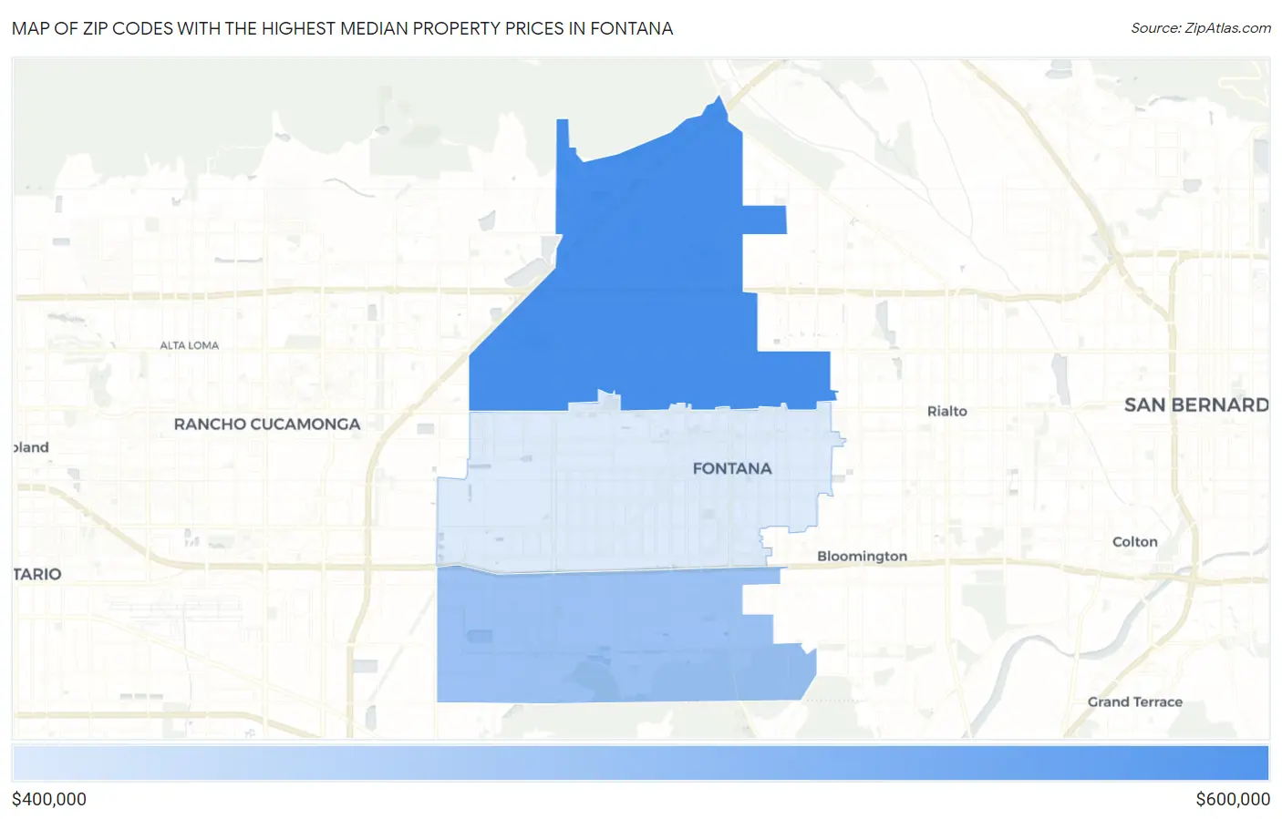 Zip Codes with the Highest Median Property Prices in Fontana Map