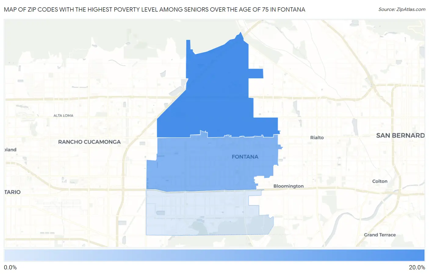 Zip Codes with the Highest Poverty Level Among Seniors Over the Age of 75 in Fontana Map