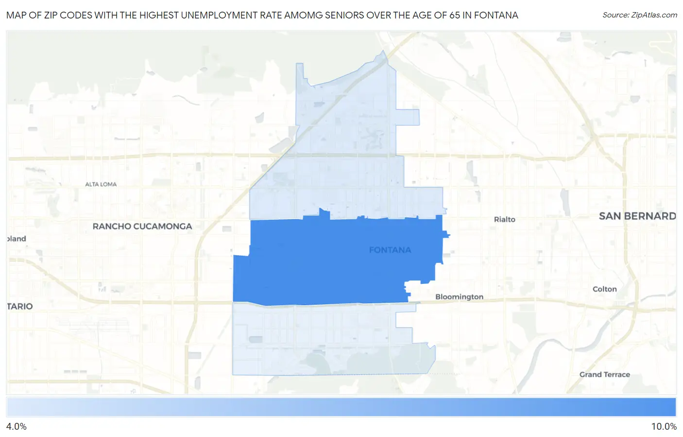 Zip Codes with the Highest Unemployment Rate Amomg Seniors Over the Age of 65 in Fontana Map