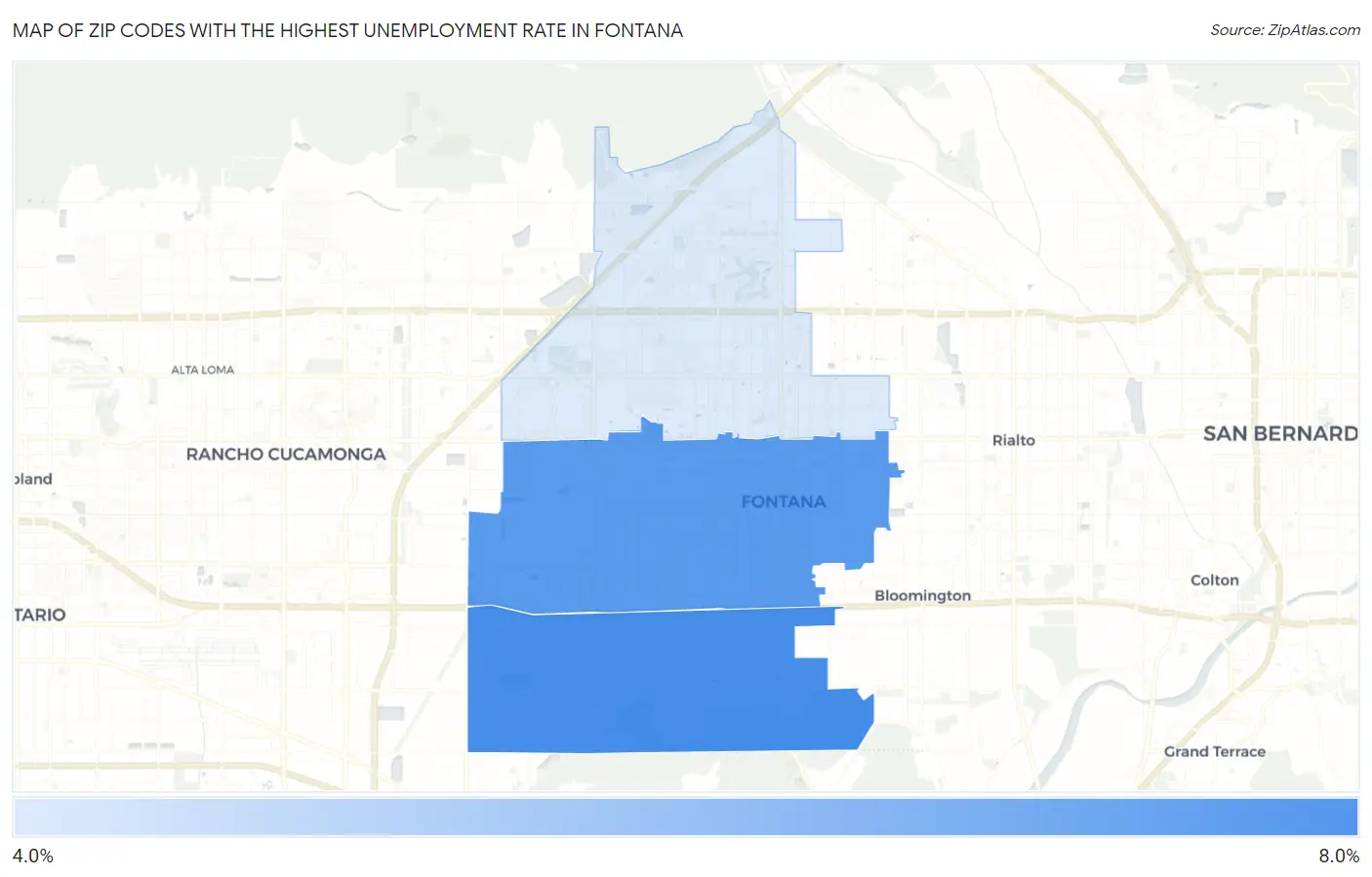 Zip Codes with the Highest Unemployment Rate in Fontana Map