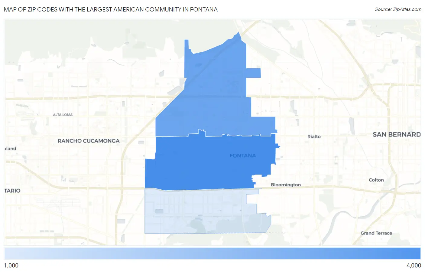 Zip Codes with the Largest American Community in Fontana Map