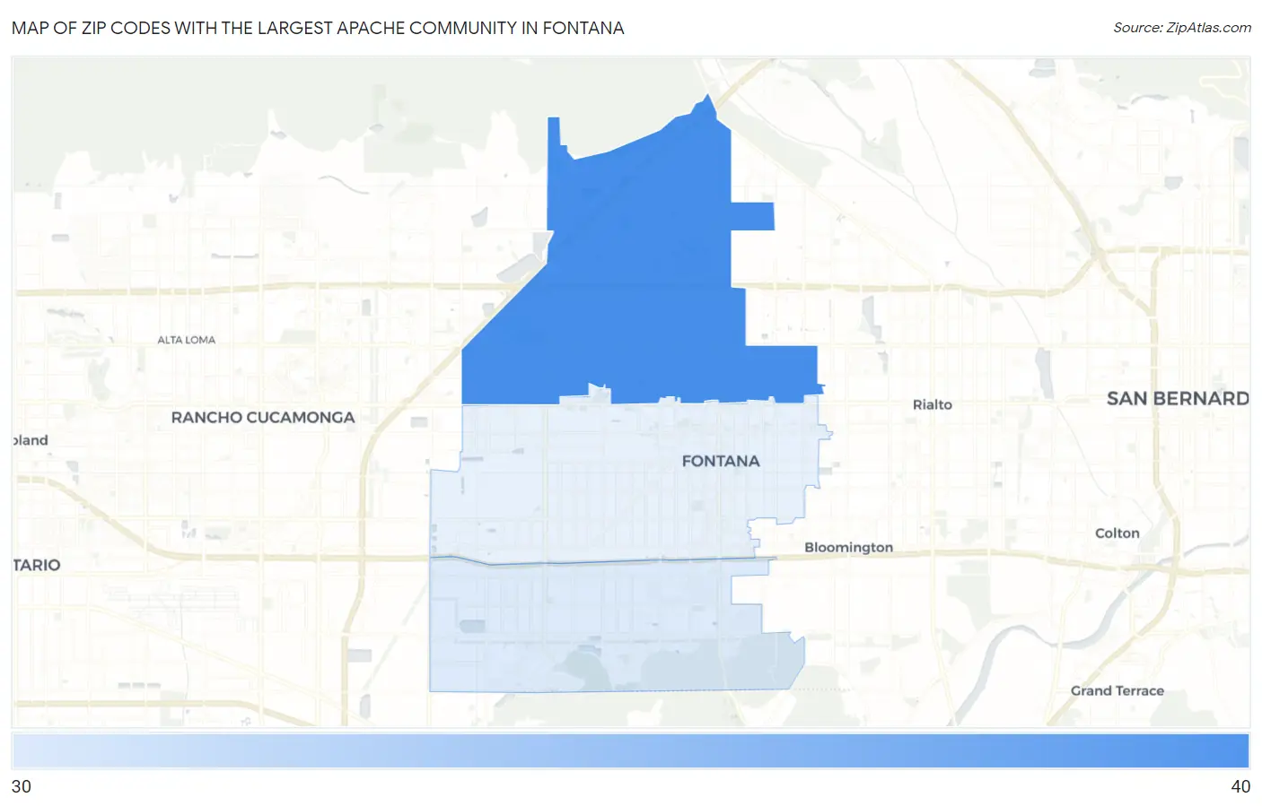Zip Codes with the Largest Apache Community in Fontana Map