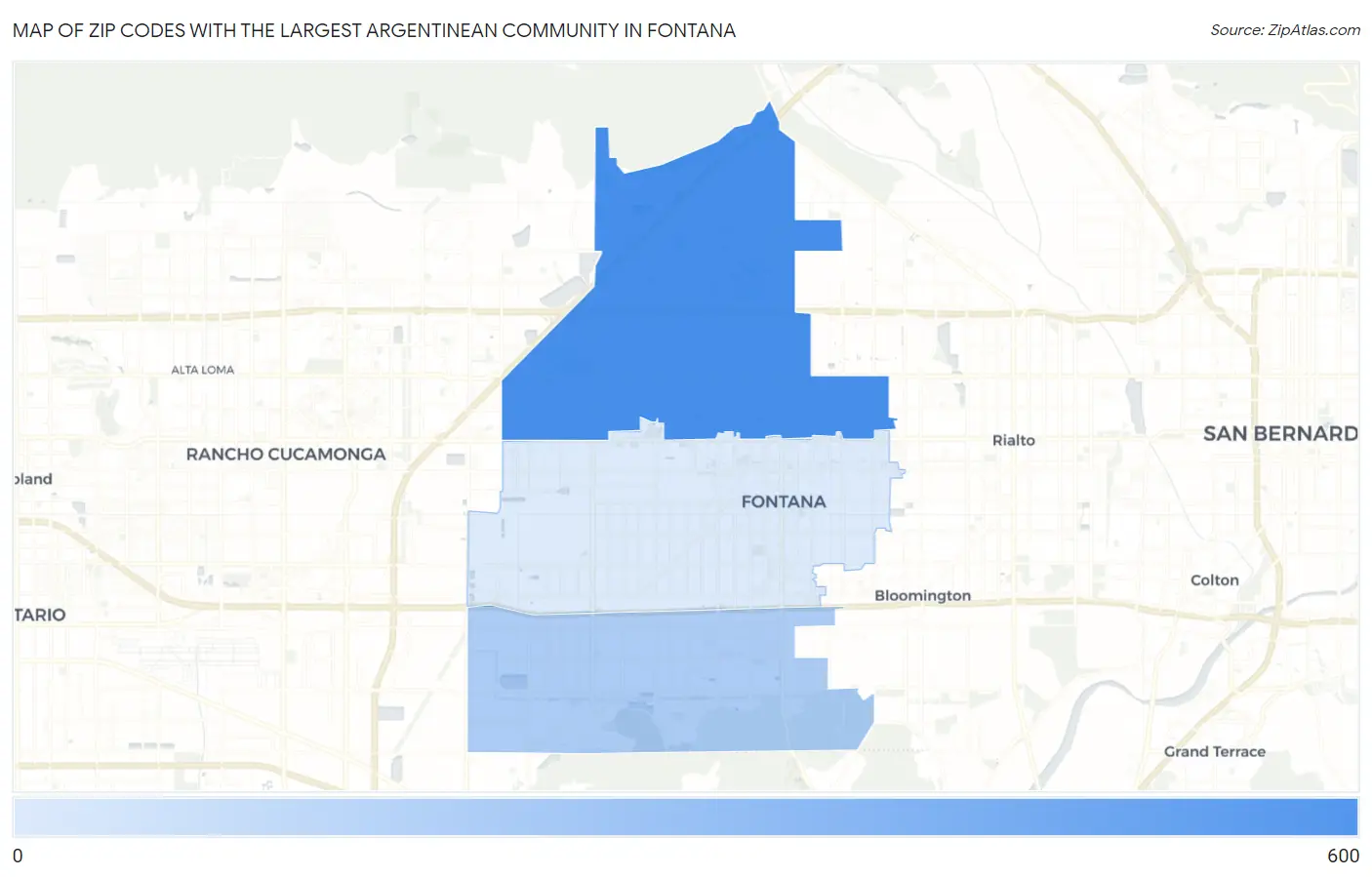 Zip Codes with the Largest Argentinean Community in Fontana Map