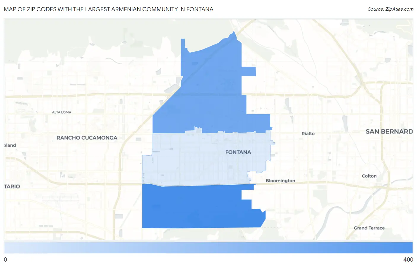 Zip Codes with the Largest Armenian Community in Fontana Map