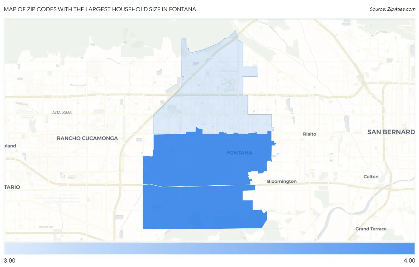 Zip Codes with the Largest Household Size in Fontana Map