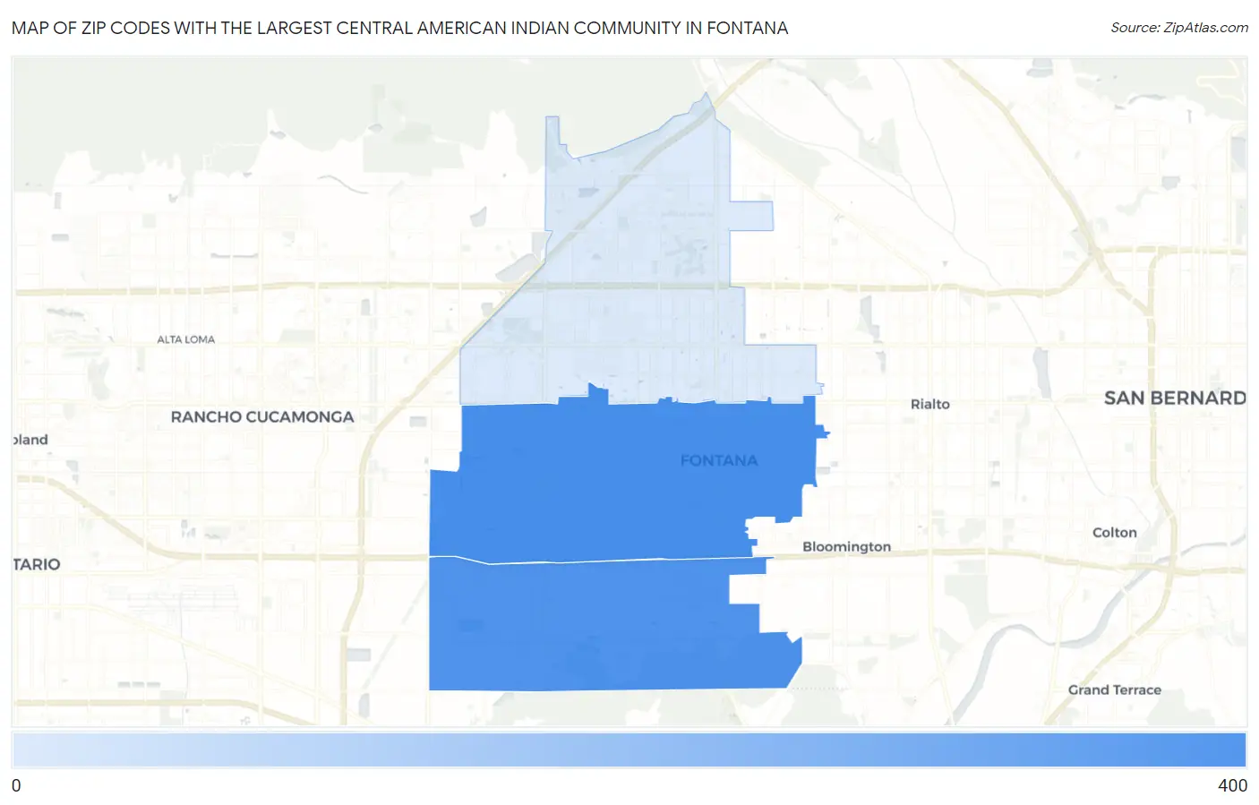 Zip Codes with the Largest Central American Indian Community in Fontana Map