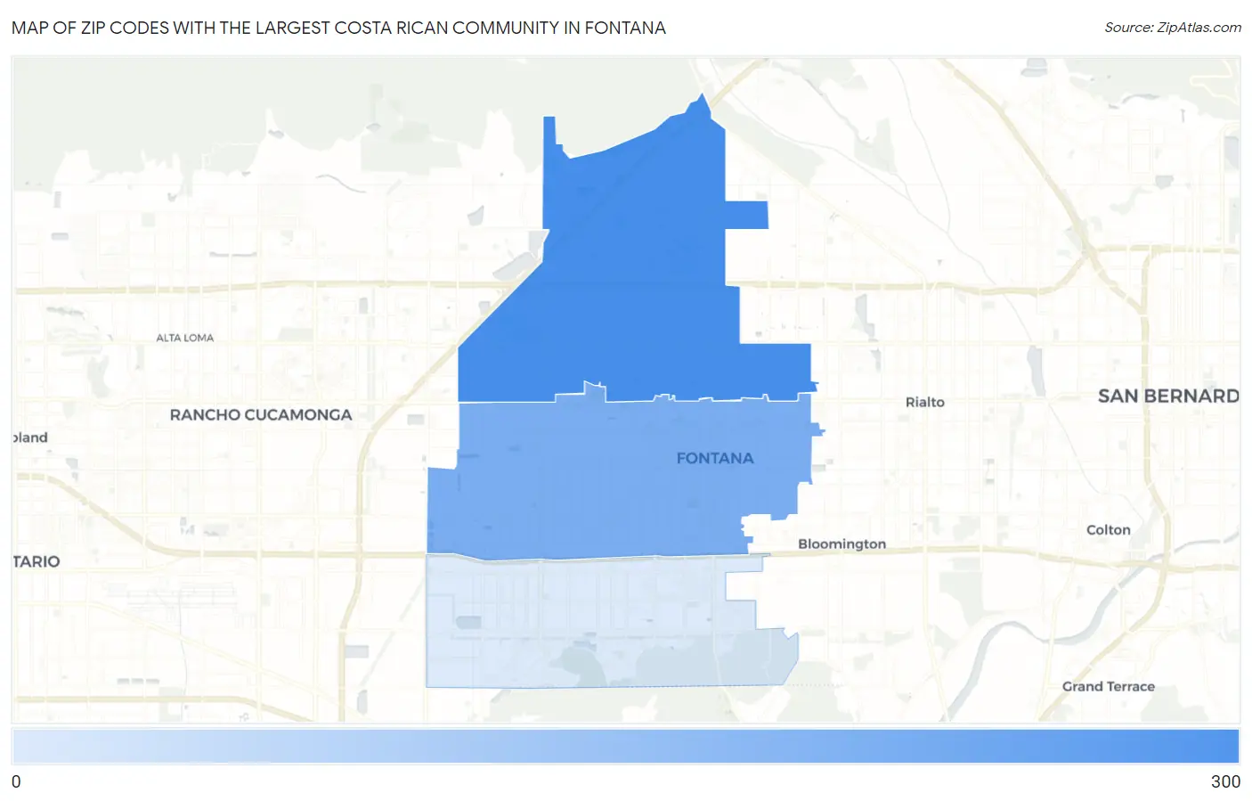 Zip Codes with the Largest Costa Rican Community in Fontana Map