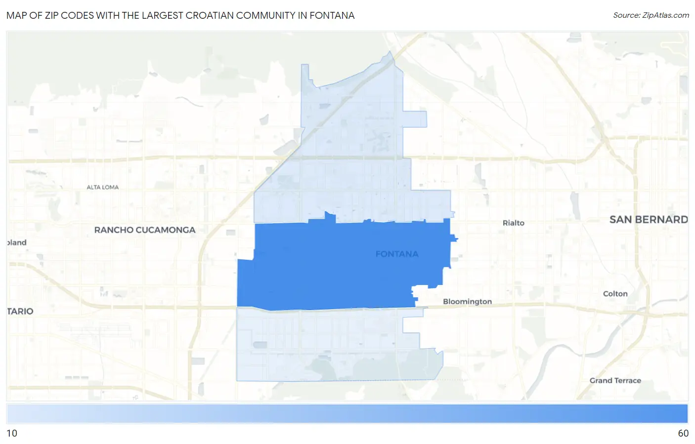 Zip Codes with the Largest Croatian Community in Fontana Map