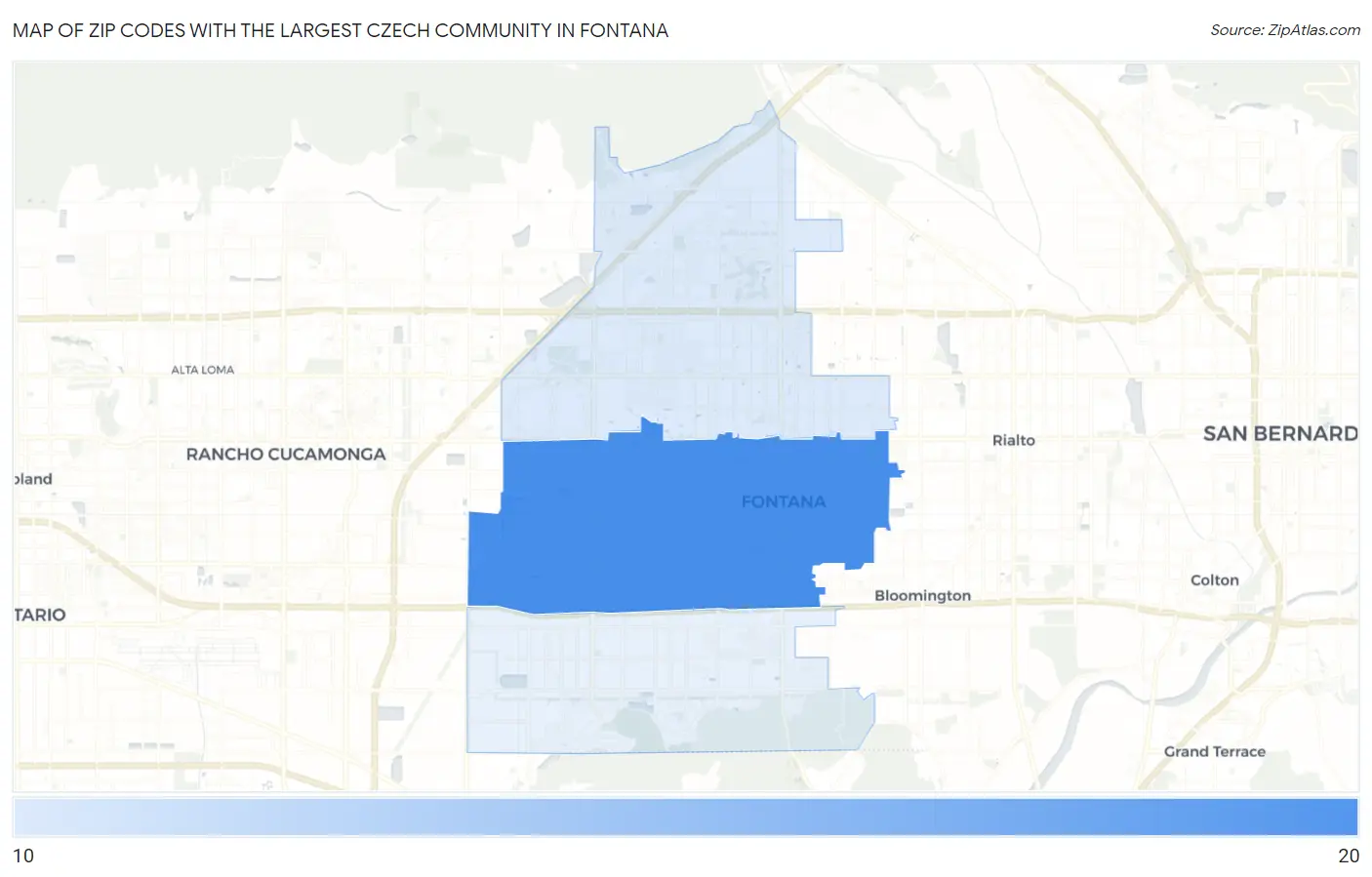 Zip Codes with the Largest Czech Community in Fontana Map