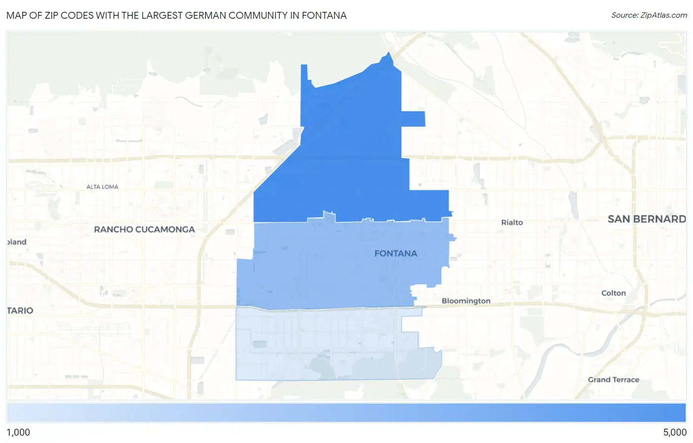 Zip Codes with the Largest German Community in Fontana Map