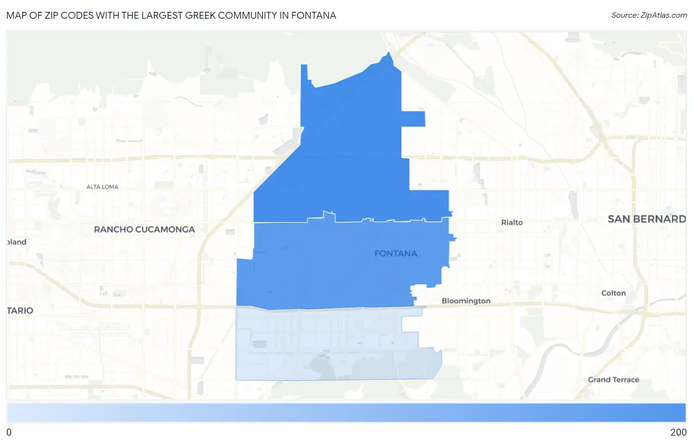 Zip Codes with the Largest Greek Community in Fontana Map