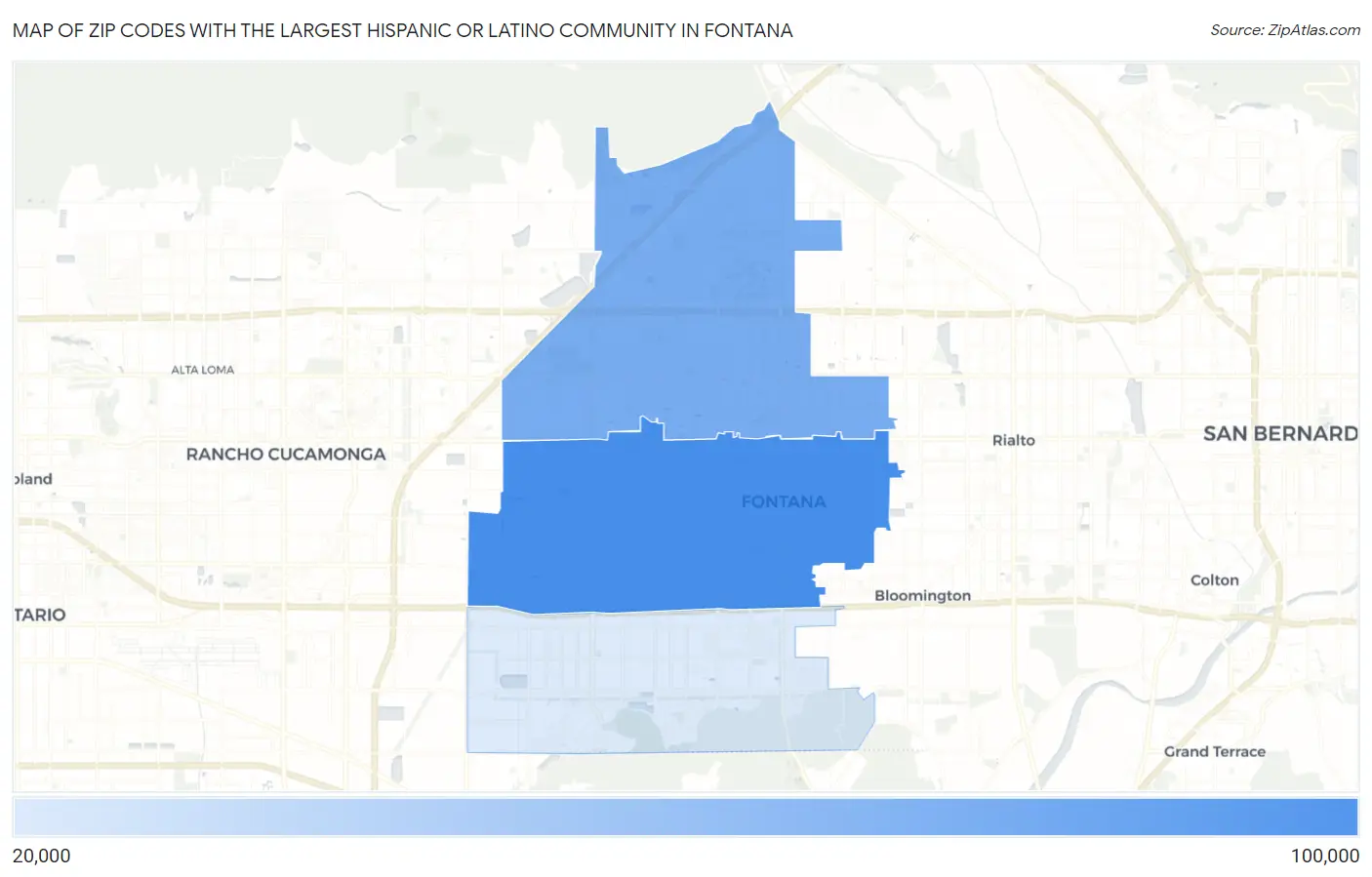 Zip Codes with the Largest Hispanic or Latino Community in Fontana Map