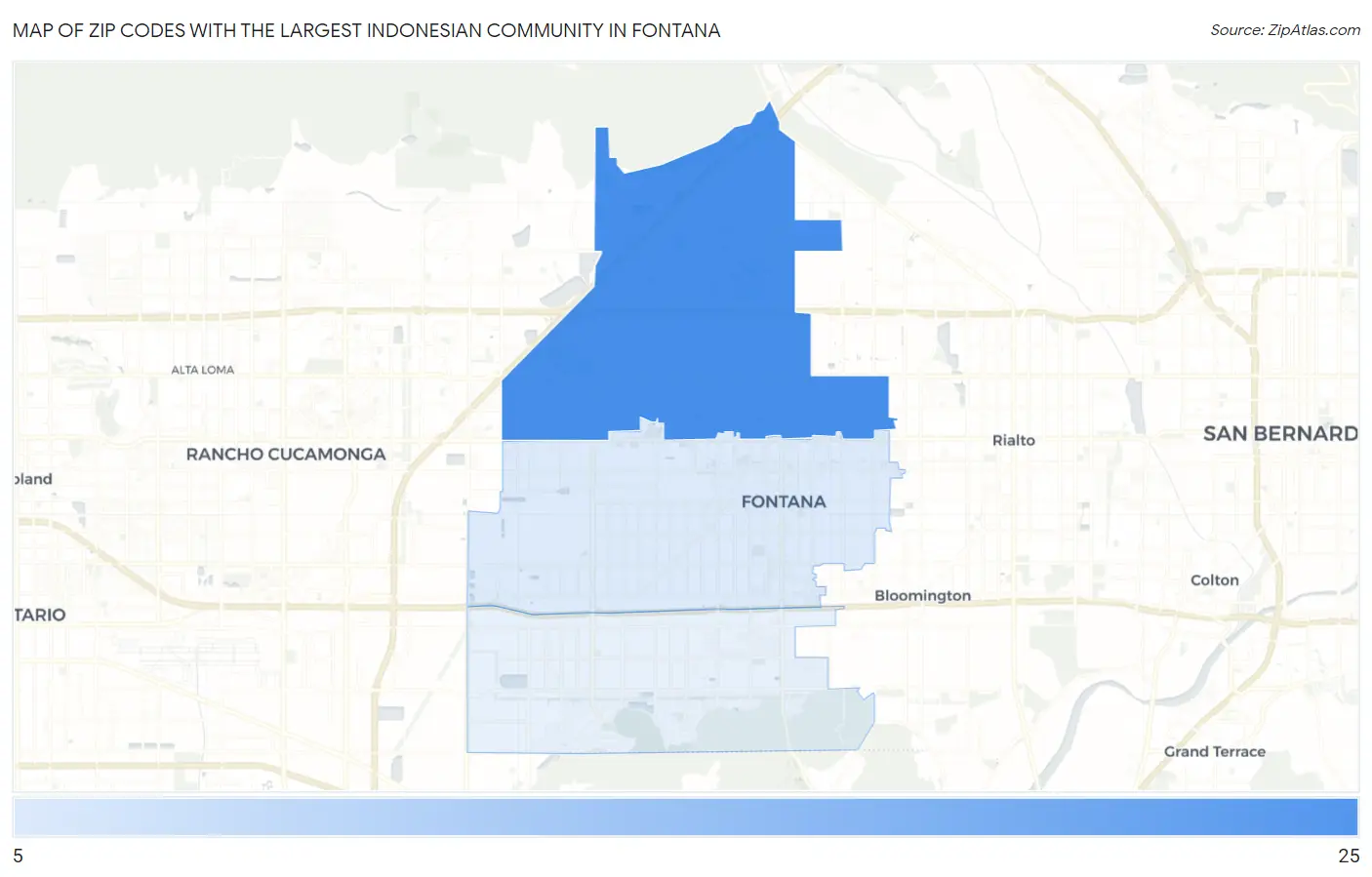 Zip Codes with the Largest Indonesian Community in Fontana Map