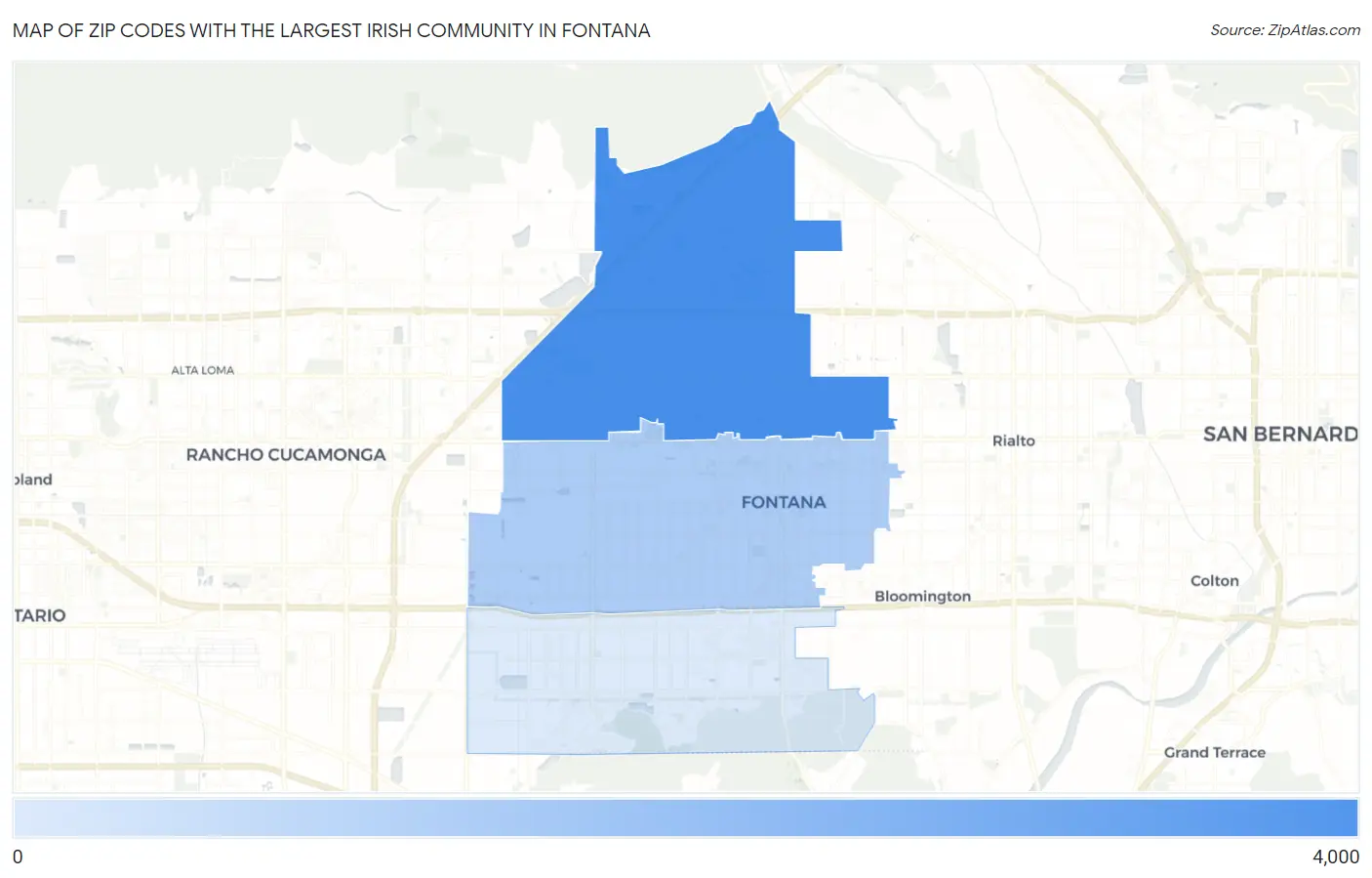 Zip Codes with the Largest Irish Community in Fontana Map