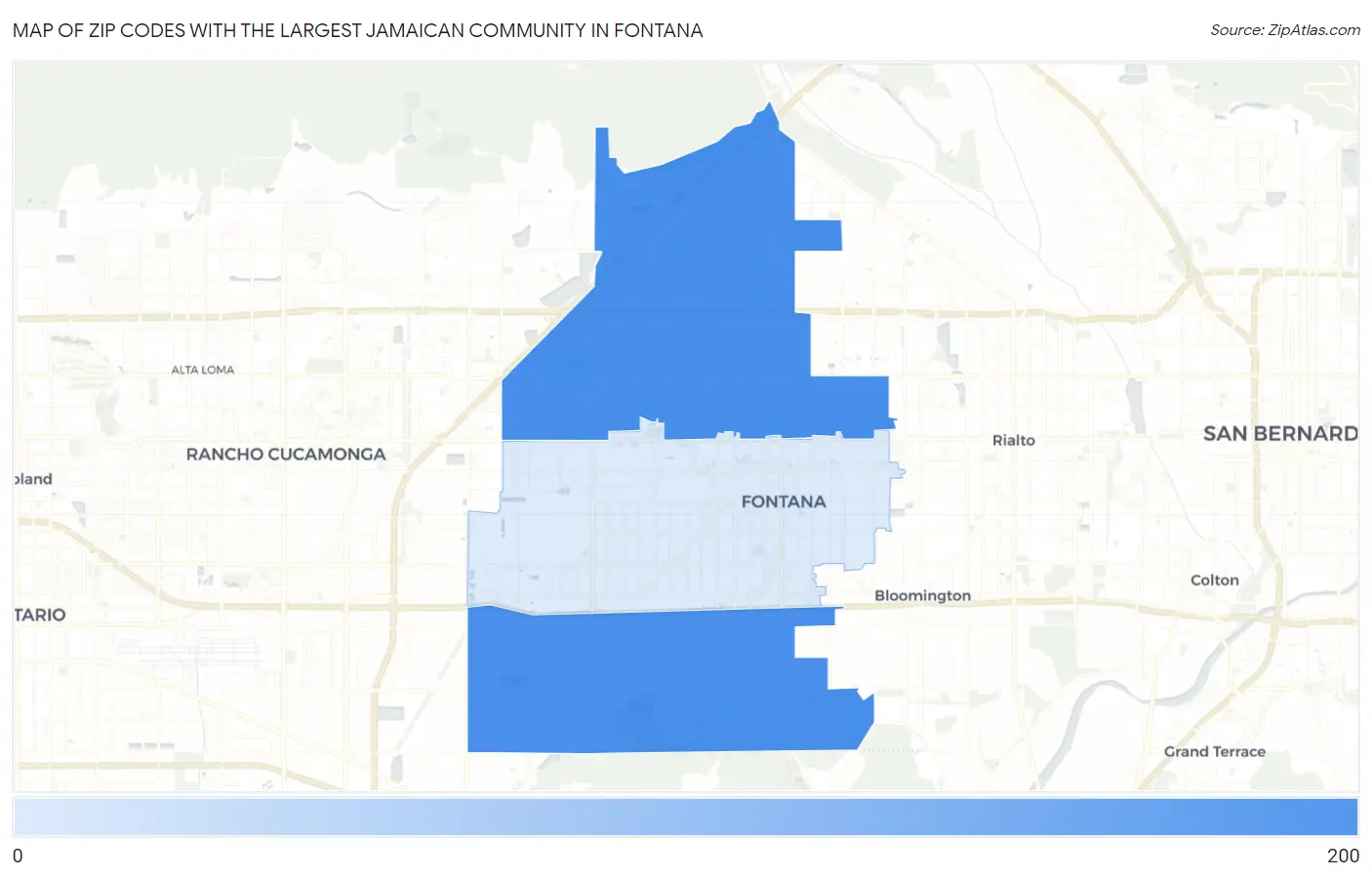 Zip Codes with the Largest Jamaican Community in Fontana Map