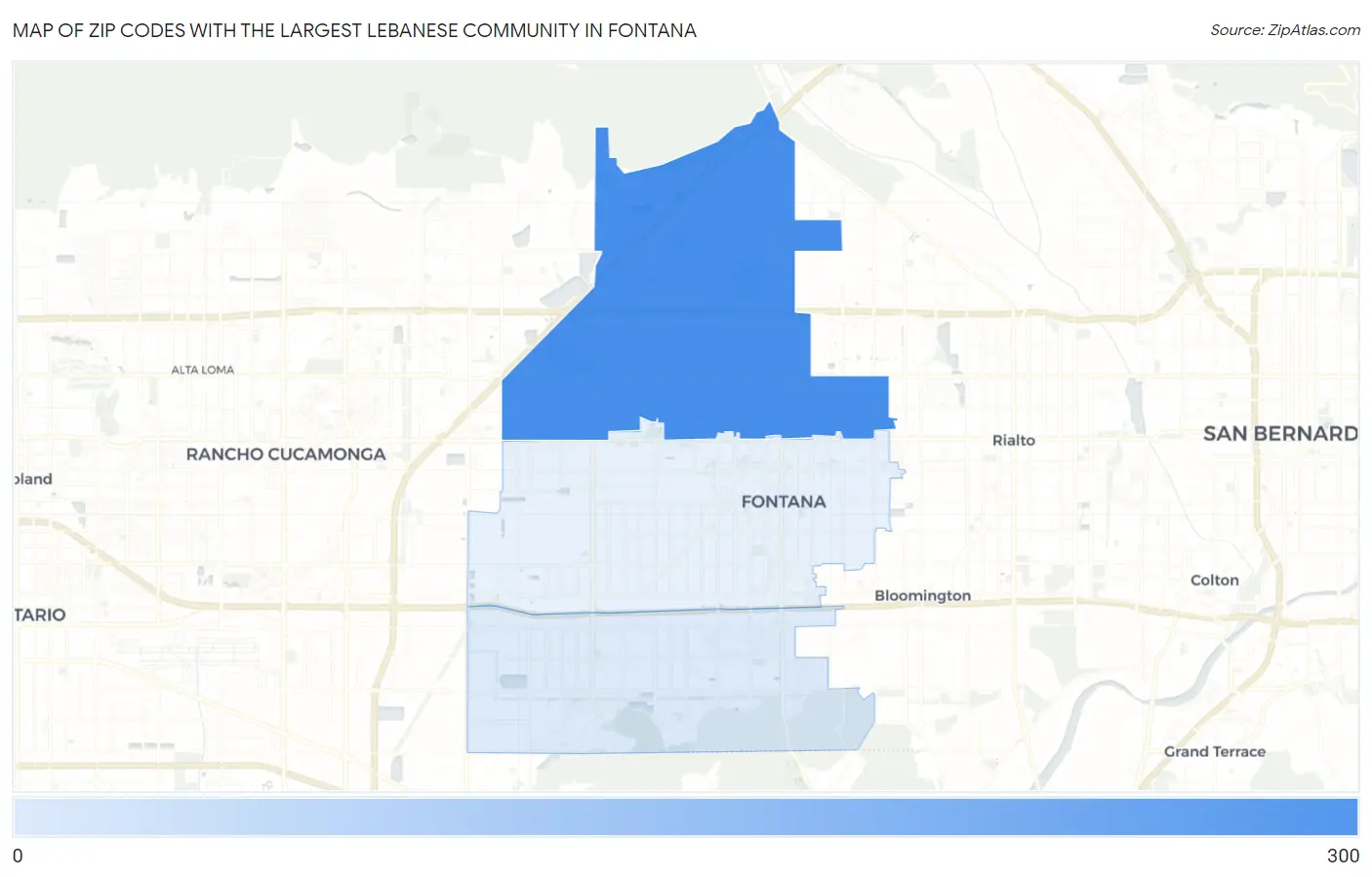 Zip Codes with the Largest Lebanese Community in Fontana Map