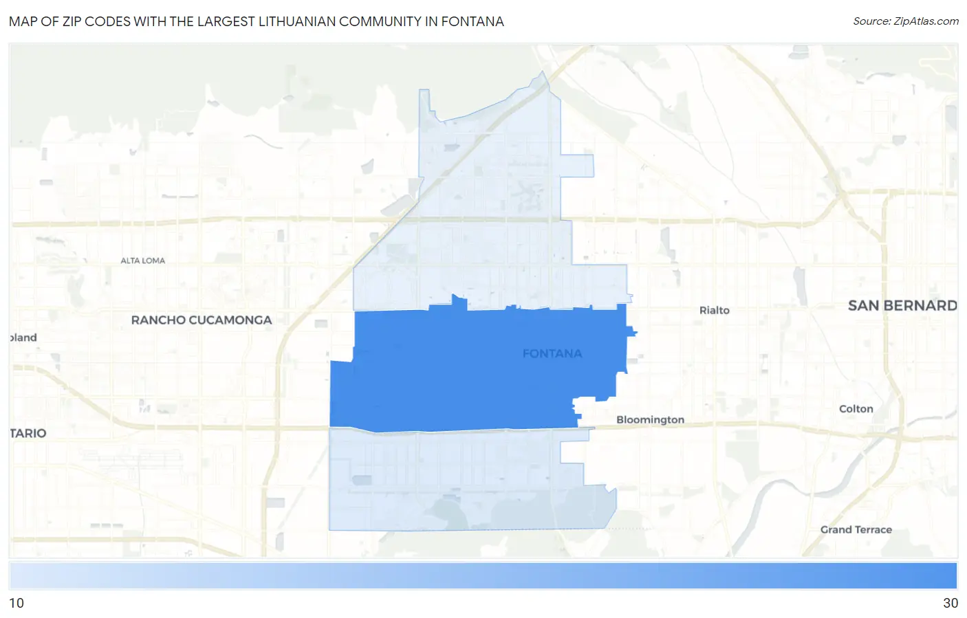 Zip Codes with the Largest Lithuanian Community in Fontana Map