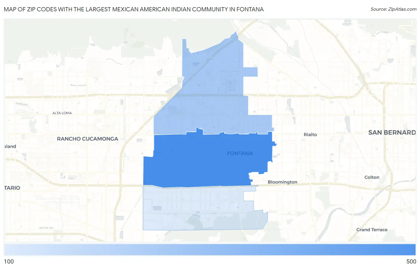 Zip Codes with the Largest Mexican American Indian Community in Fontana Map