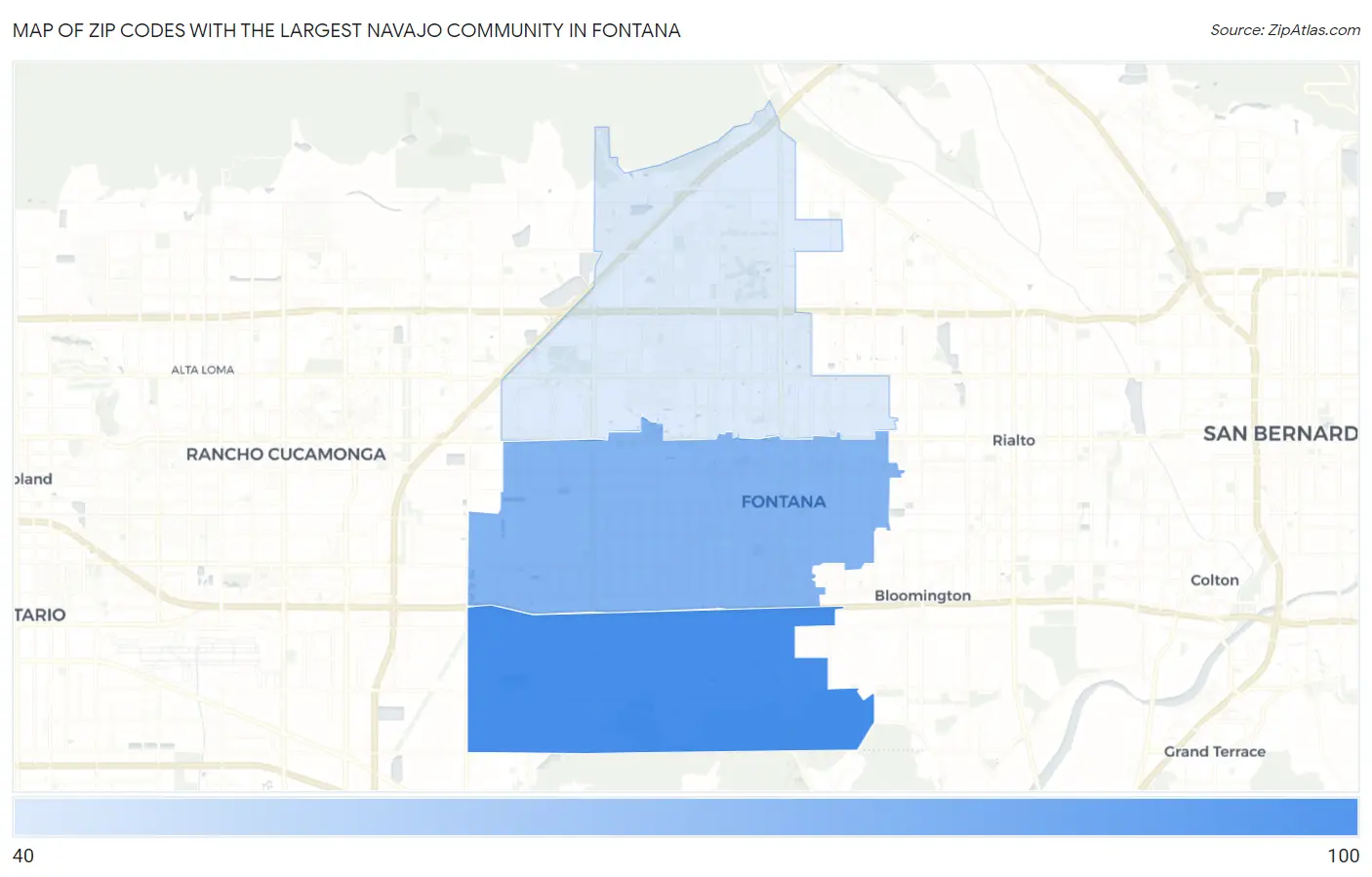 Zip Codes with the Largest Navajo Community in Fontana Map