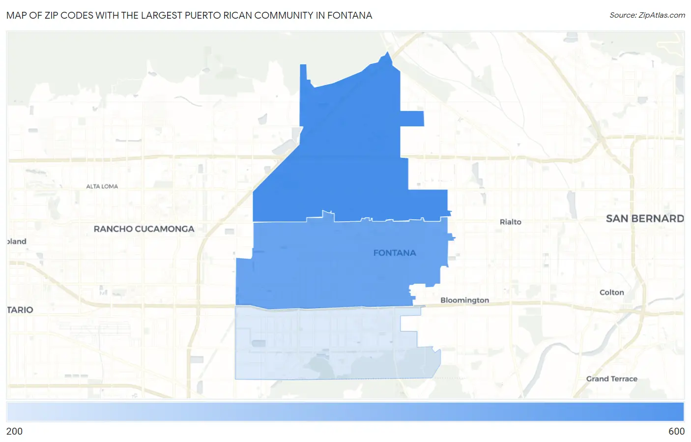 Zip Codes with the Largest Puerto Rican Community in Fontana Map