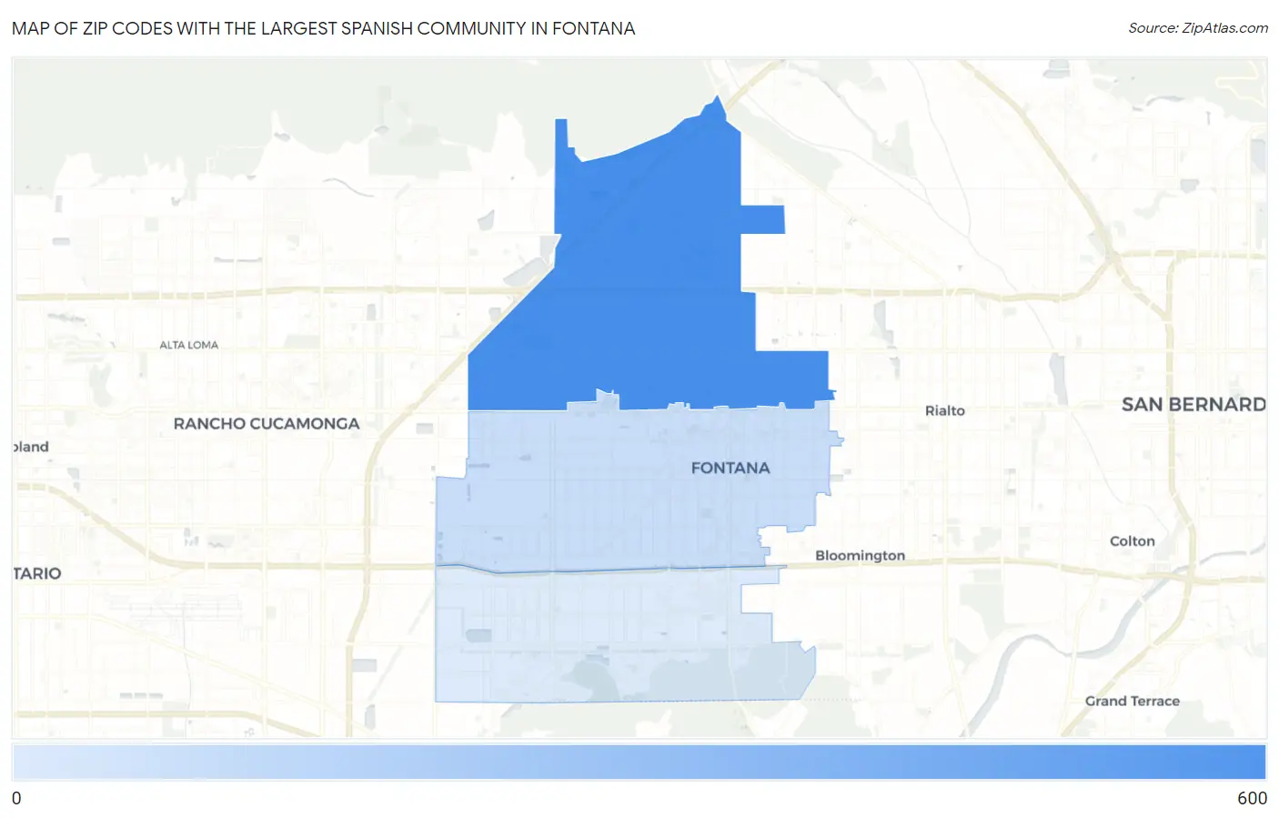 Zip Codes with the Largest Spanish Community in Fontana Map