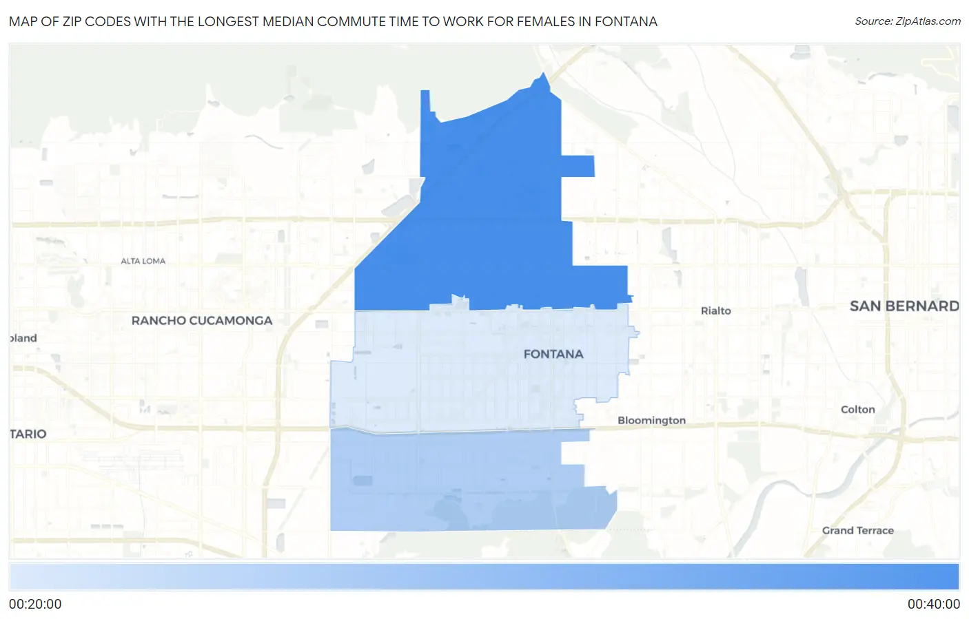 Zip Codes with the Longest Median Commute Time to Work for Females in Fontana Map