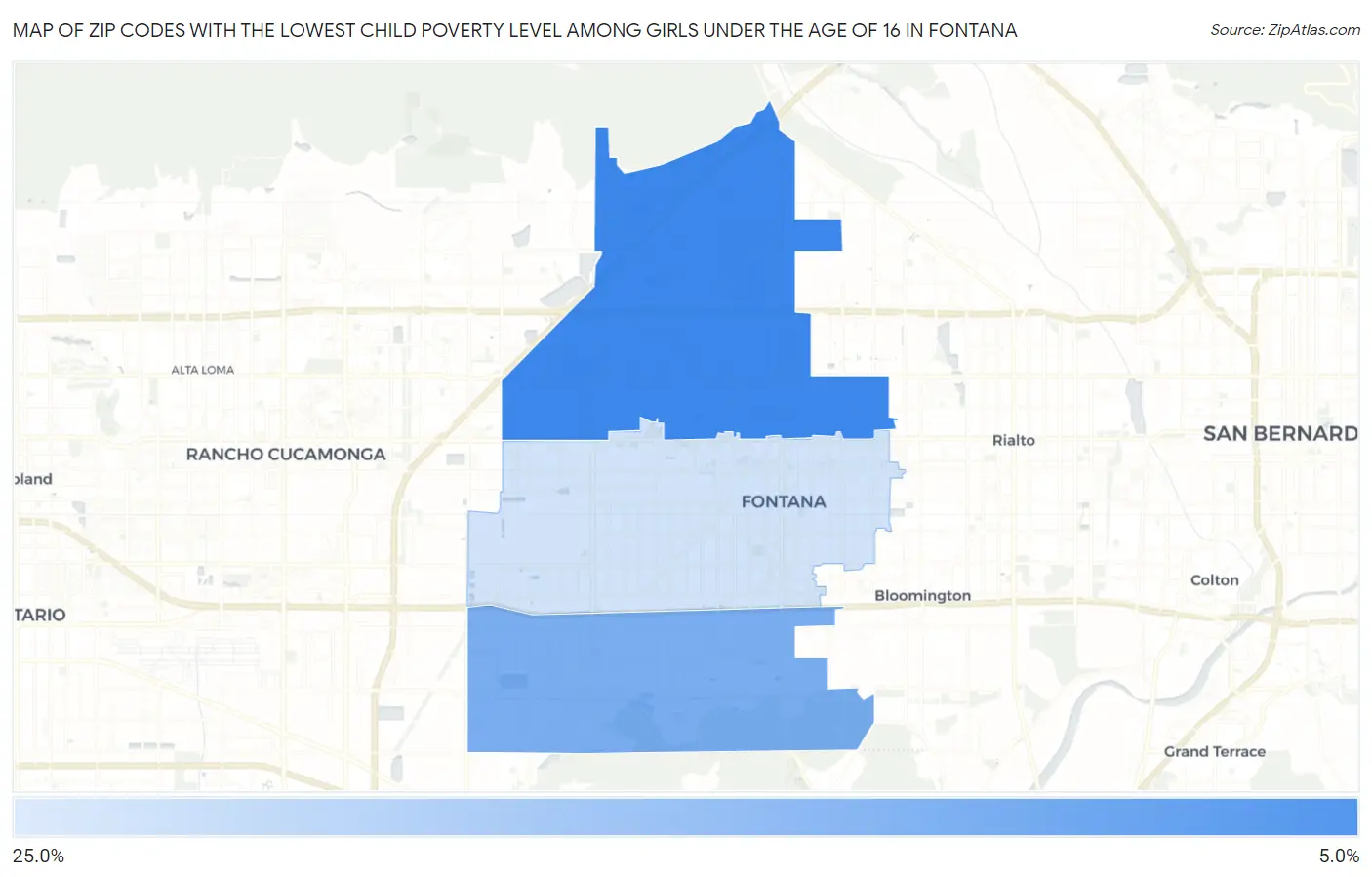 Zip Codes with the Lowest Child Poverty Level Among Girls Under the Age of 16 in Fontana Map