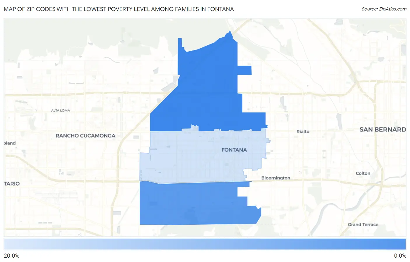 Zip Codes with the Lowest Poverty Level Among Families in Fontana Map