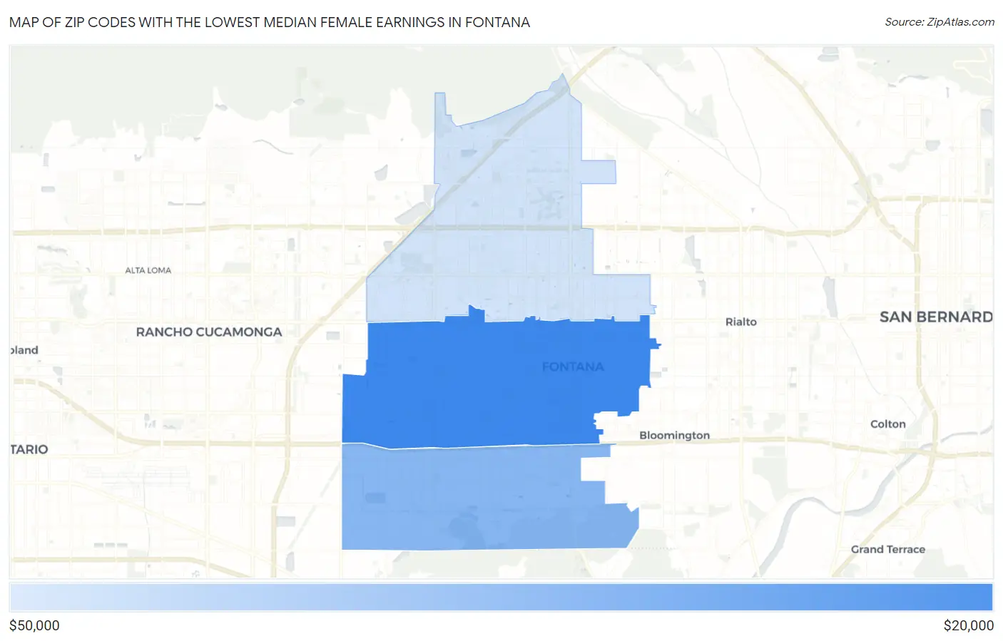 Zip Codes with the Lowest Median Female Earnings in Fontana Map