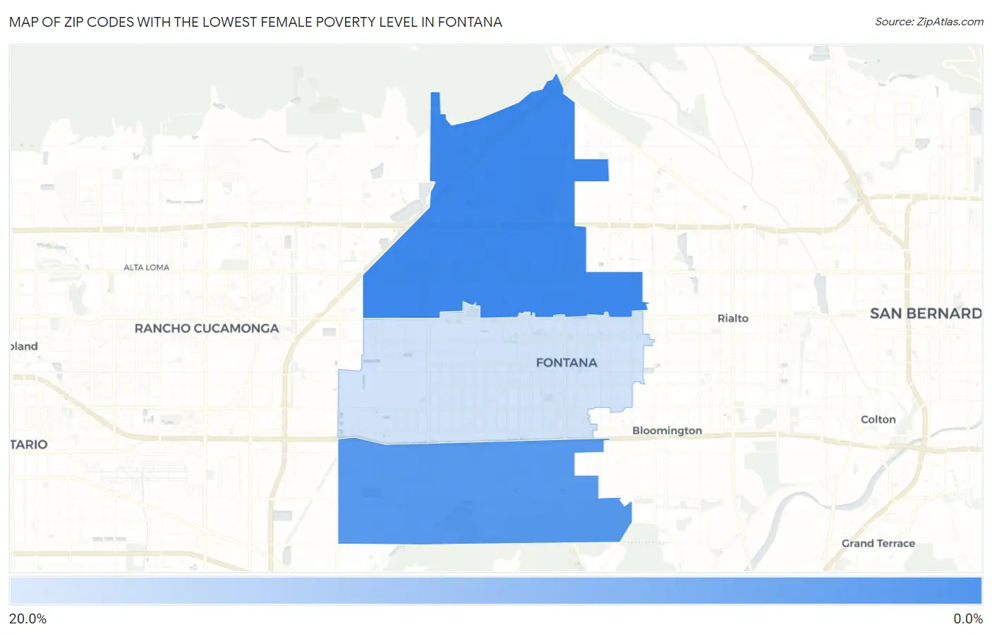 Zip Codes with the Lowest Female Poverty Level in Fontana Map