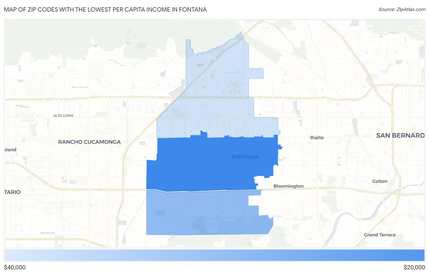 Zip Codes with the Lowest Per Capita Income in Fontana Map