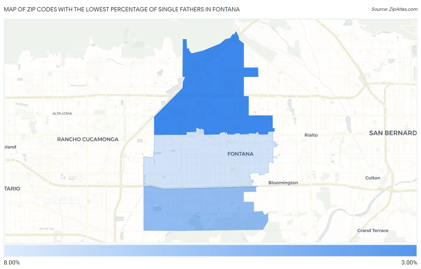 Zip Codes with the Lowest Percentage of Single Fathers in Fontana Map
