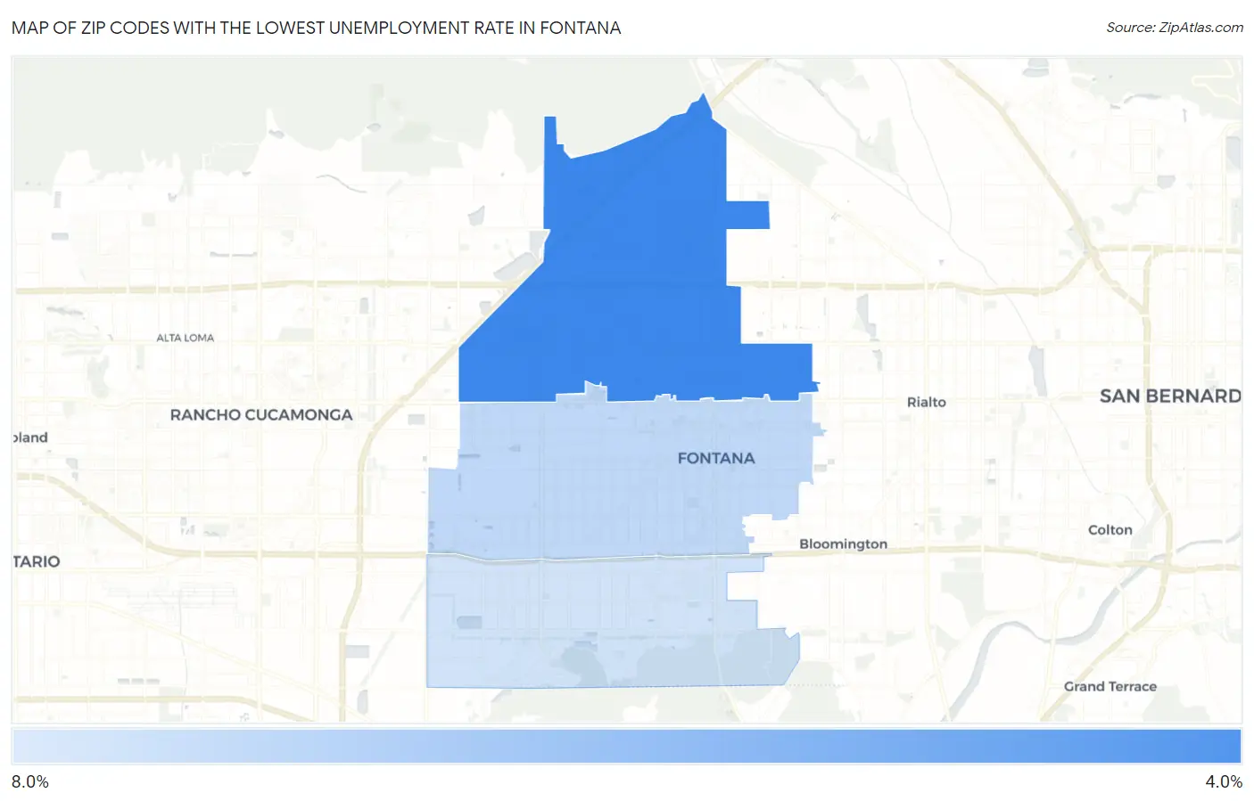 Zip Codes with the Lowest Unemployment Rate in Fontana Map