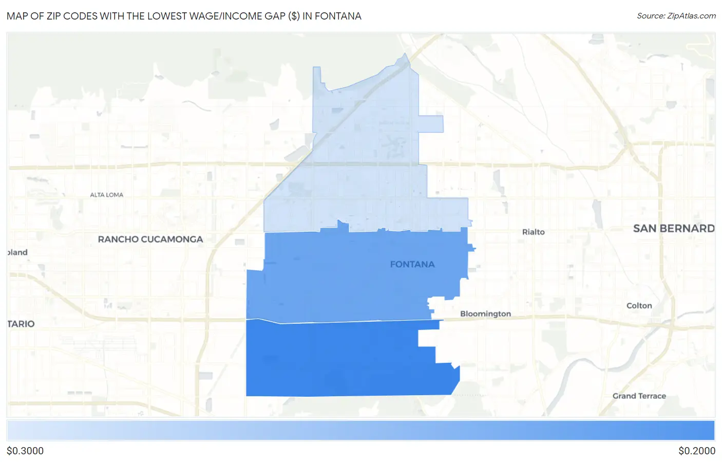 Zip Codes with the Lowest Wage/Income Gap ($) in Fontana Map