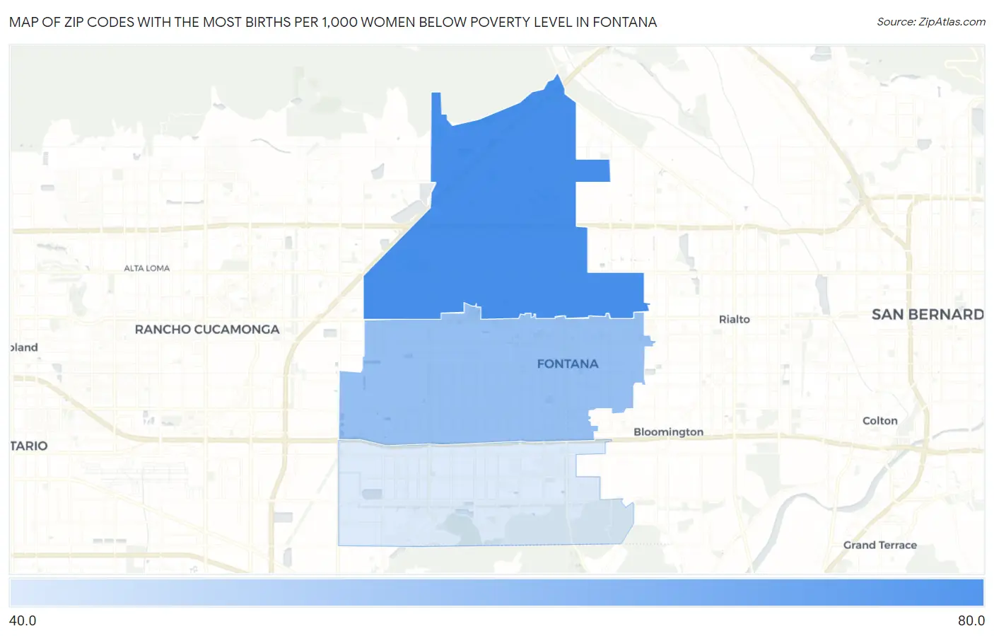 Zip Codes with the Most Births per 1,000 Women Below Poverty Level in Fontana Map