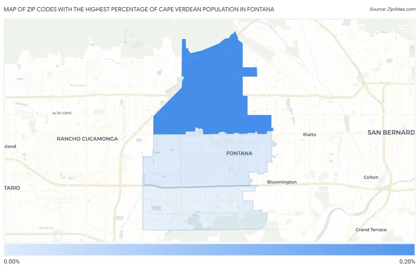 Zip Codes with the Highest Percentage of Cape Verdean Population in Fontana Map