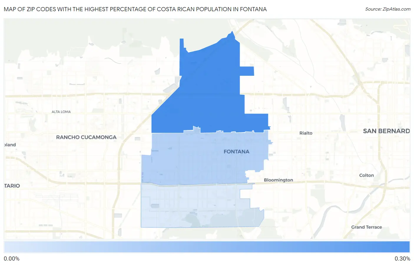 Zip Codes with the Highest Percentage of Costa Rican Population in Fontana Map