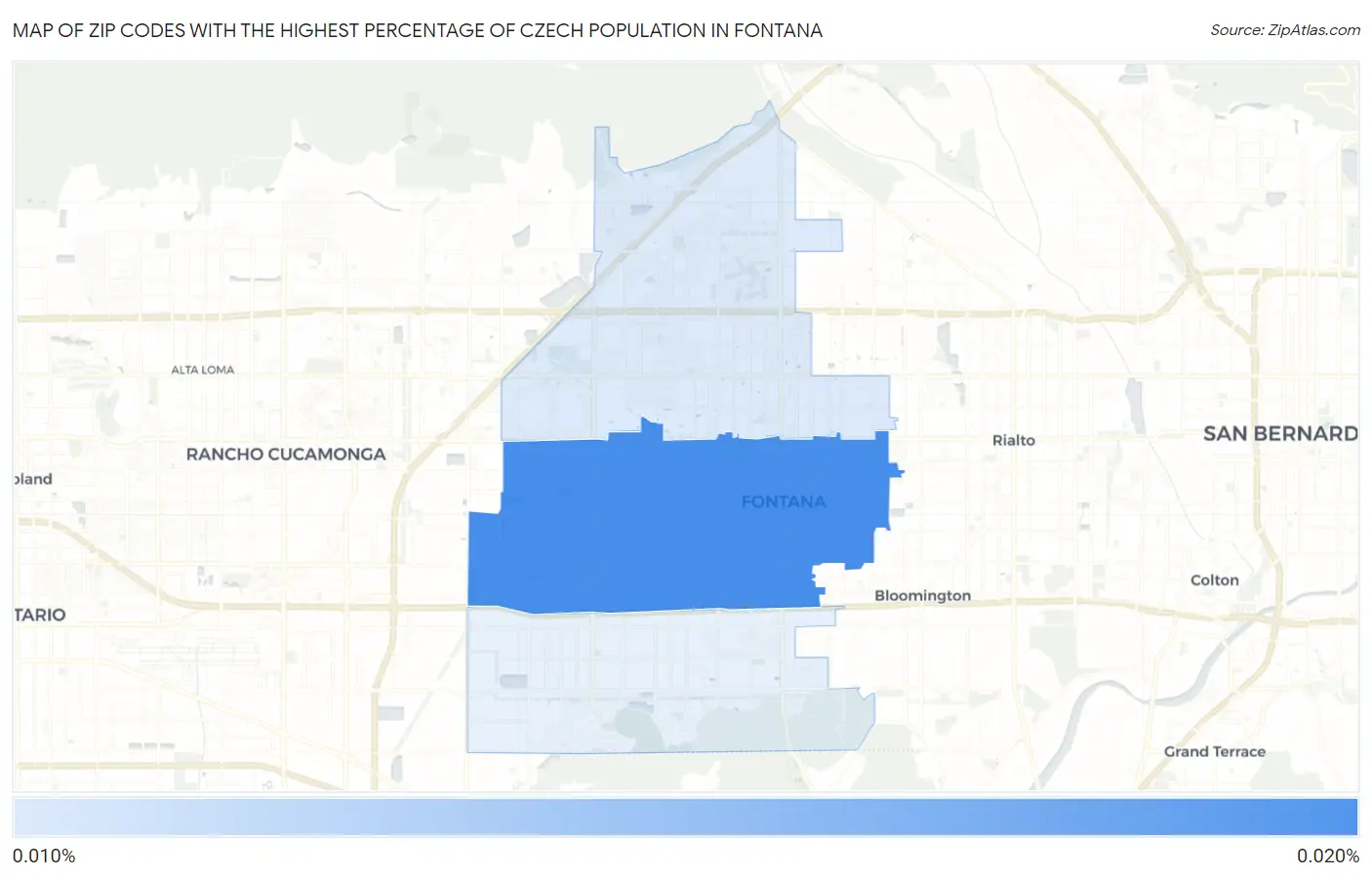 Zip Codes with the Highest Percentage of Czech Population in Fontana Map