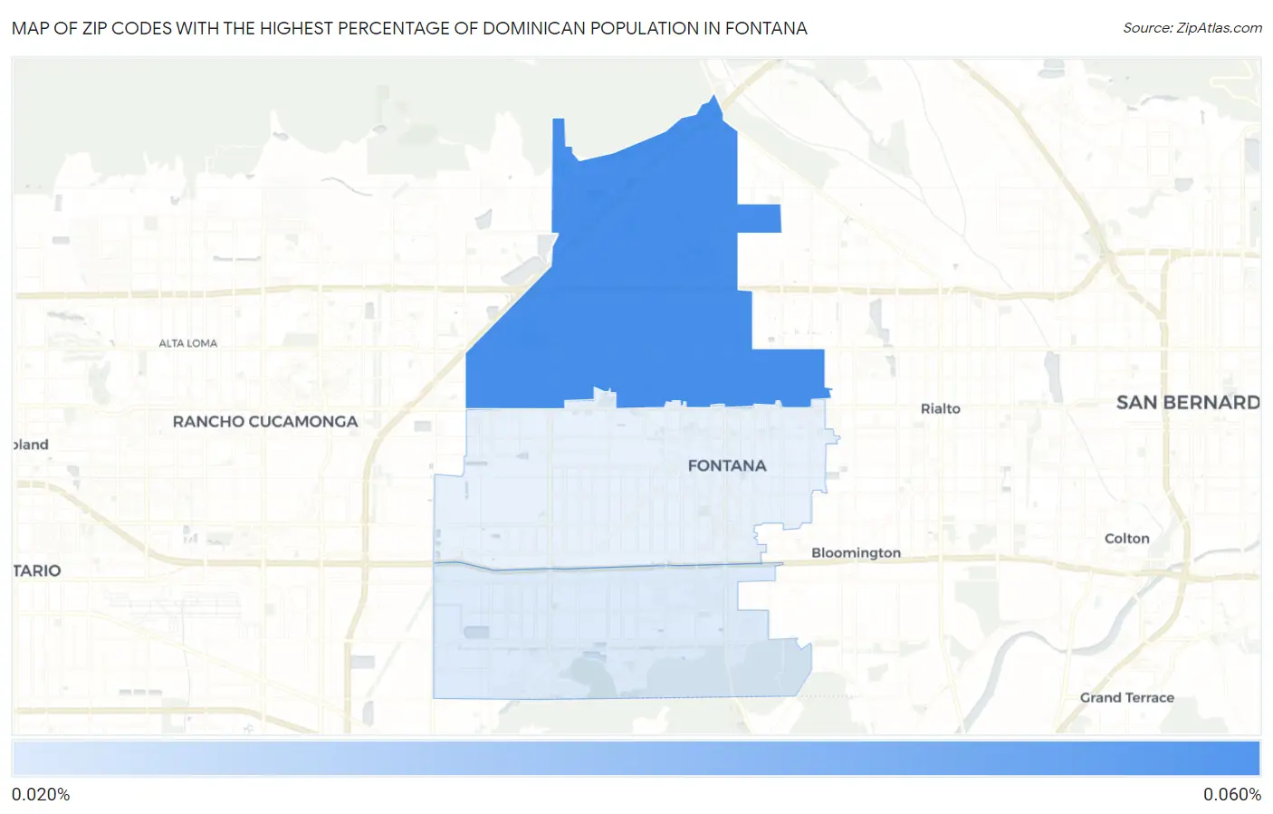 Zip Codes with the Highest Percentage of Dominican Population in Fontana Map