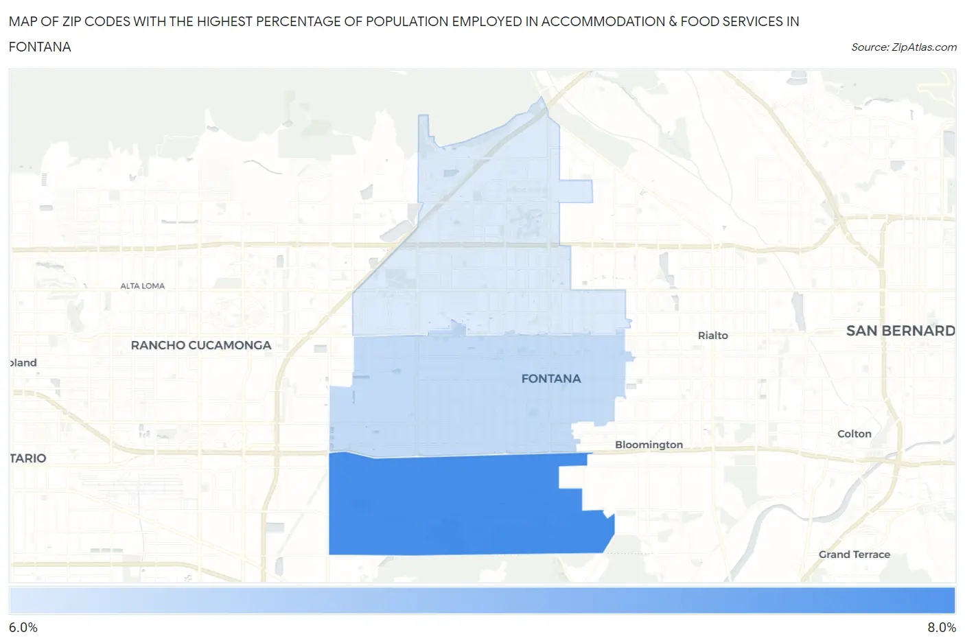Zip Codes with the Highest Percentage of Population Employed in Accommodation & Food Services in Fontana Map