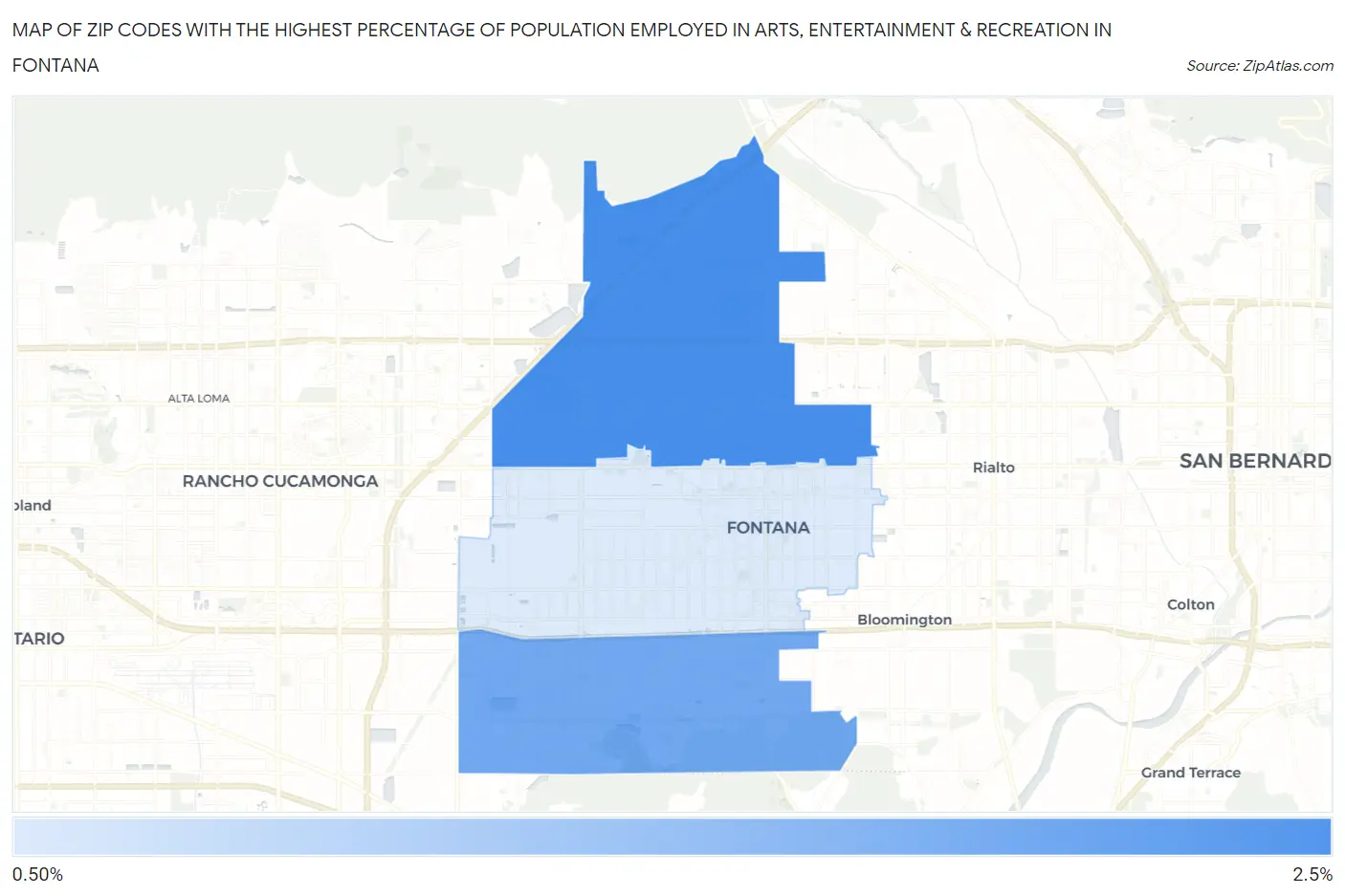 Zip Codes with the Highest Percentage of Population Employed in Arts, Entertainment & Recreation in Fontana Map