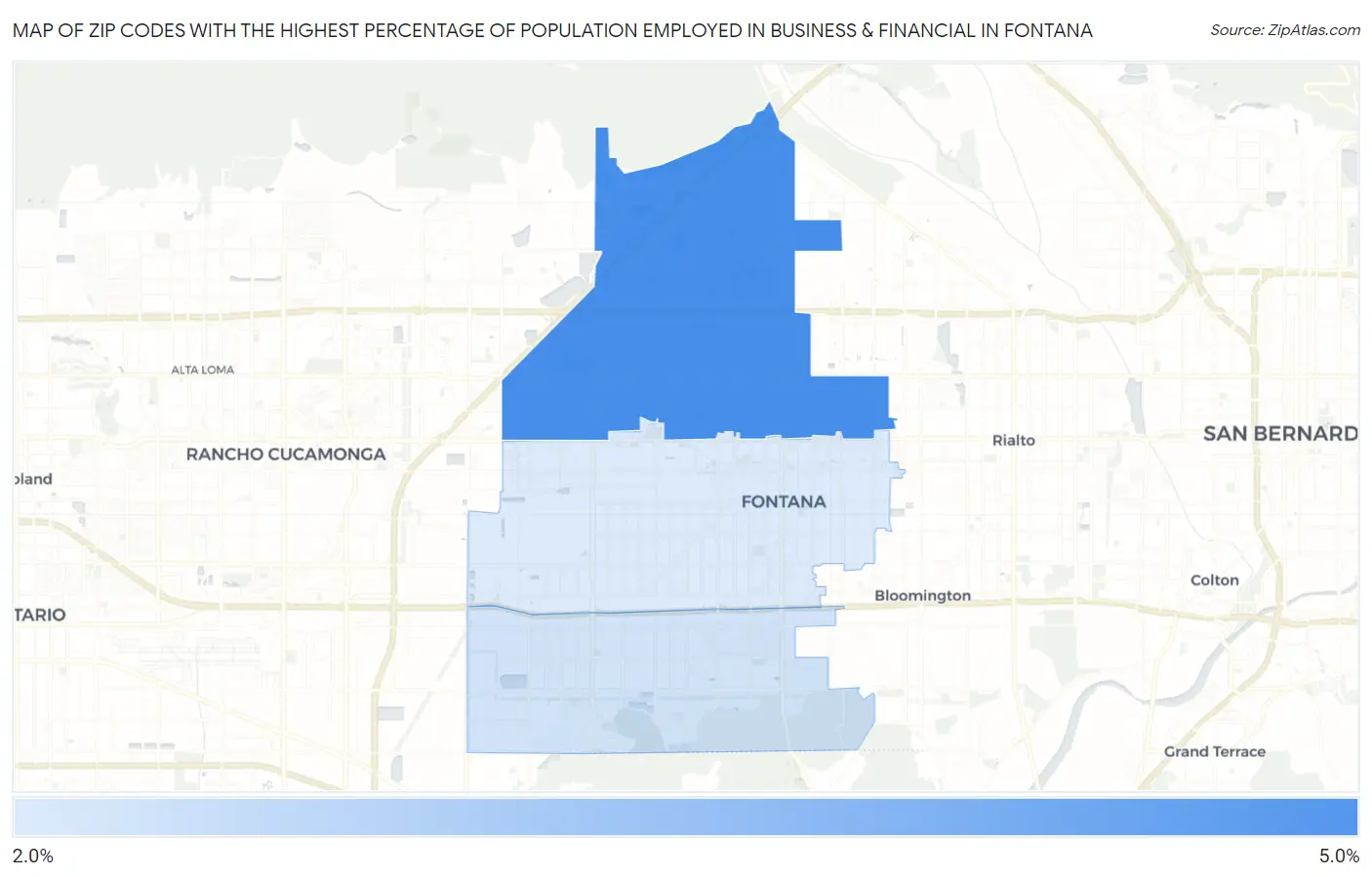 Zip Codes with the Highest Percentage of Population Employed in Business & Financial in Fontana Map