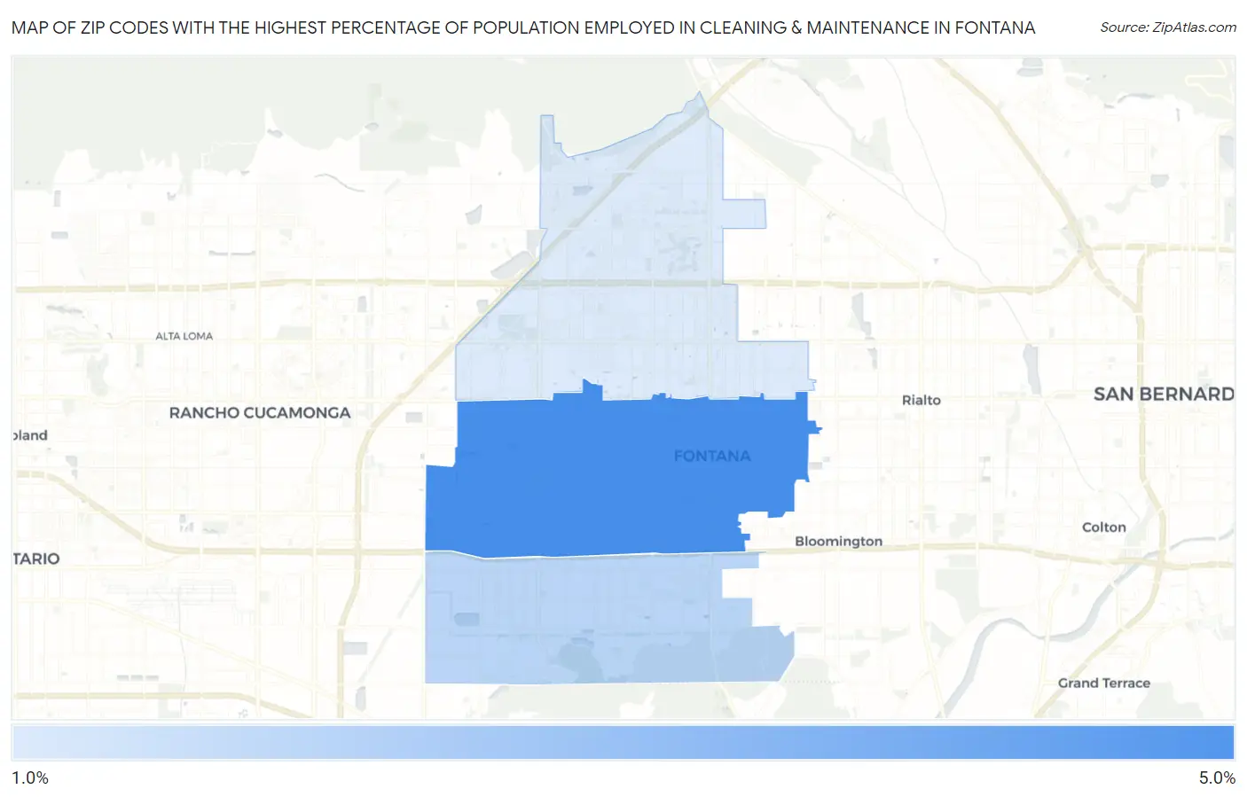 Zip Codes with the Highest Percentage of Population Employed in Cleaning & Maintenance in Fontana Map