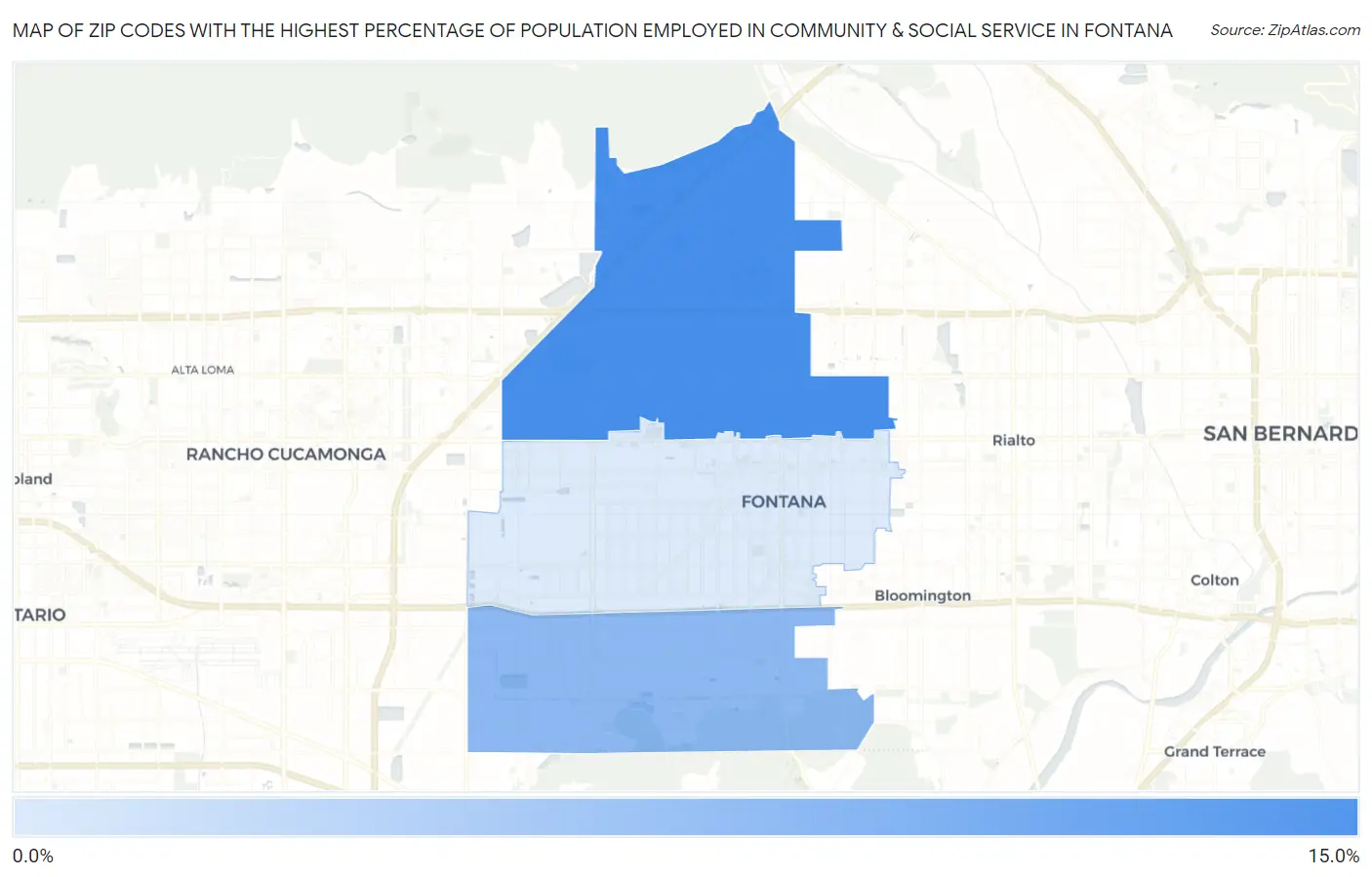 Zip Codes with the Highest Percentage of Population Employed in Community & Social Service  in Fontana Map