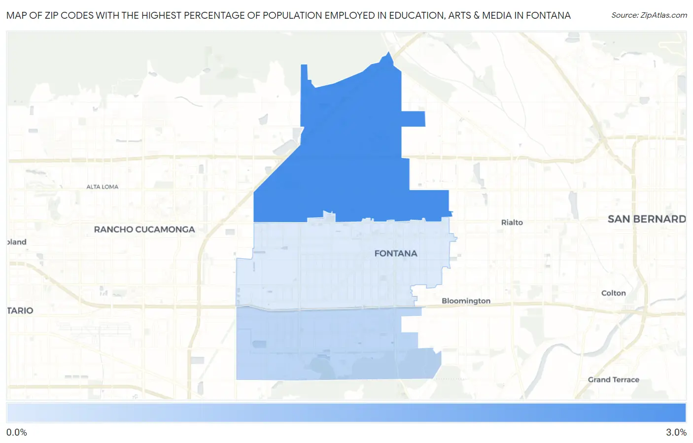 Zip Codes with the Highest Percentage of Population Employed in Education, Arts & Media in Fontana Map